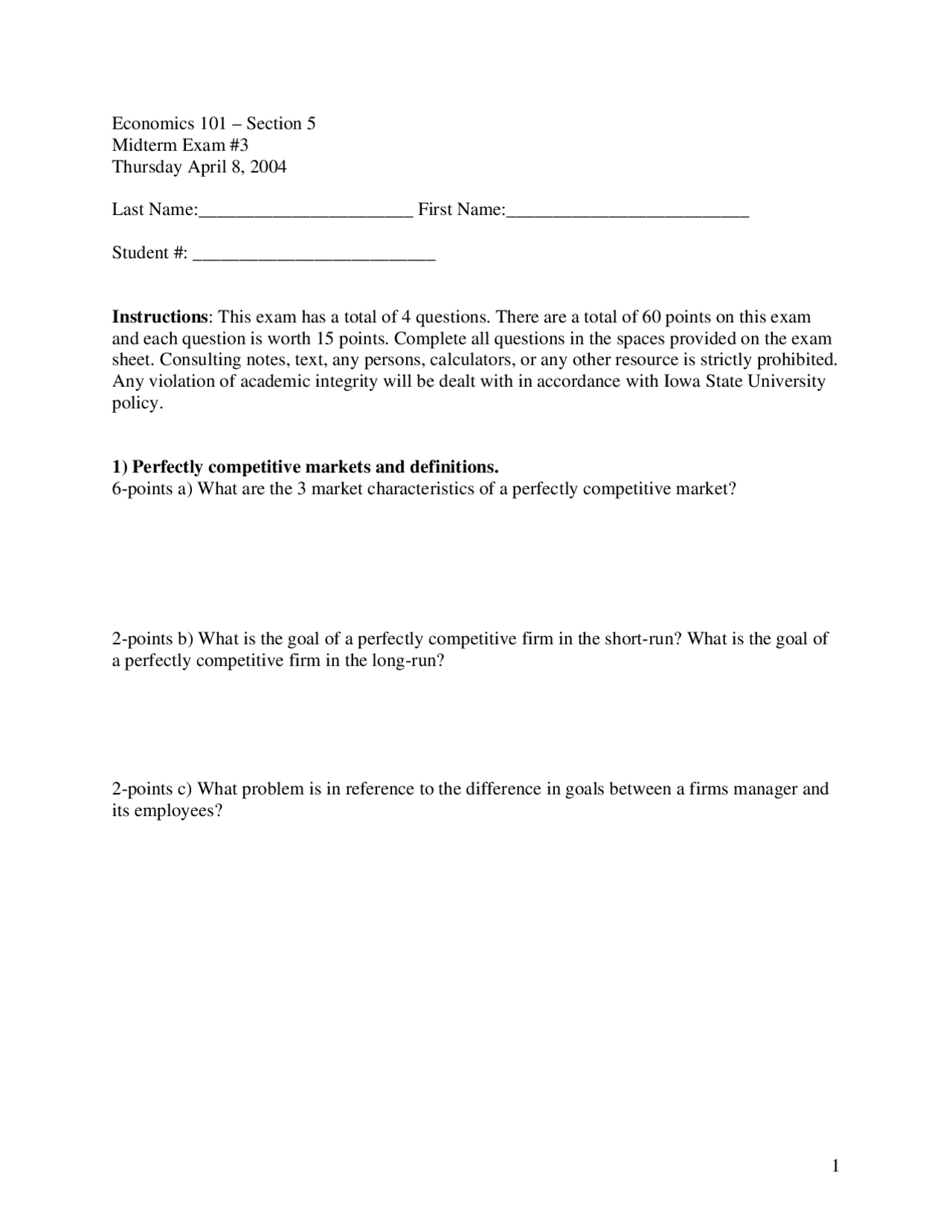 Practice Exam 3 for Principles of Microeconomics | ECON 101 - Docsity
