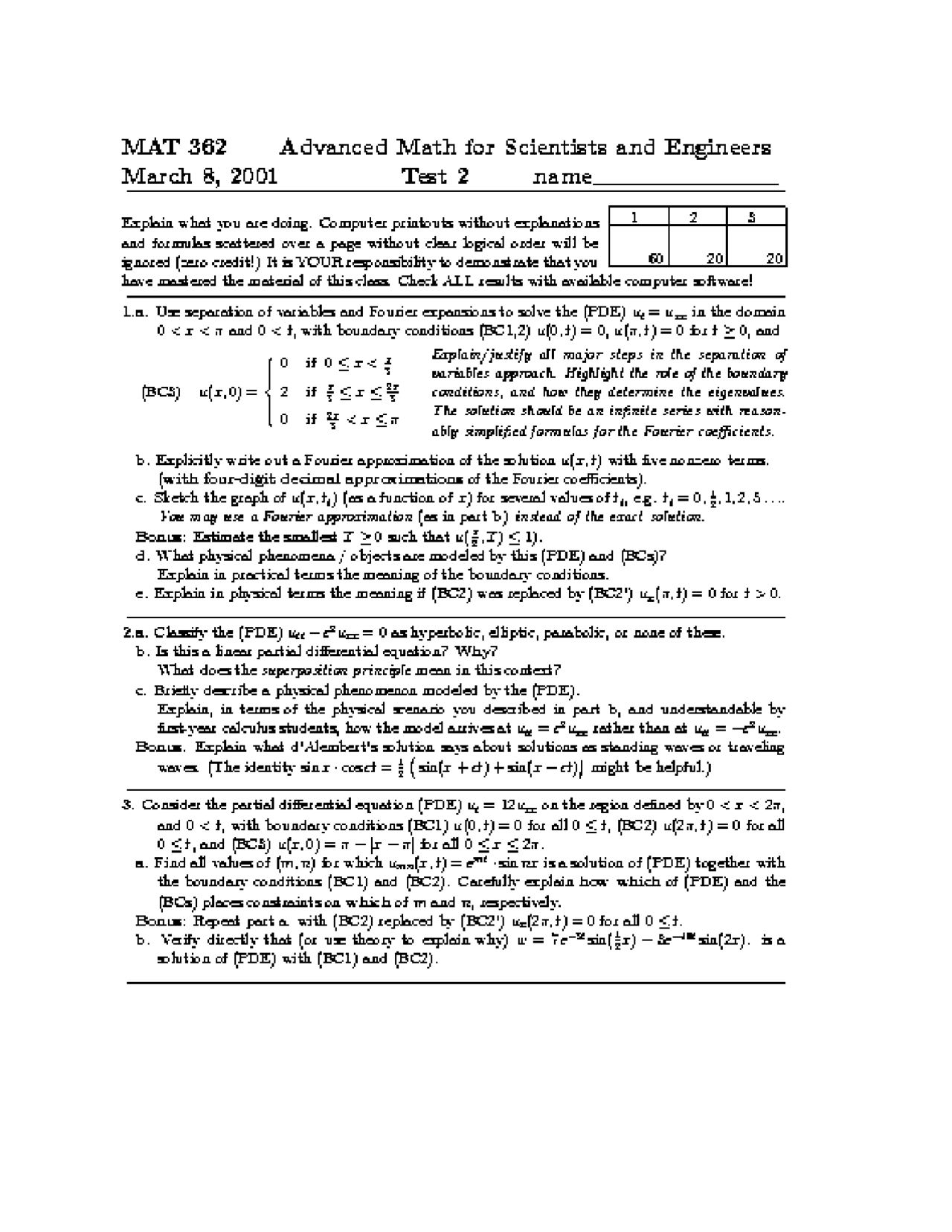 3 Questions Exam 2 - Advanced Mathematics Engineers and Scientists ...