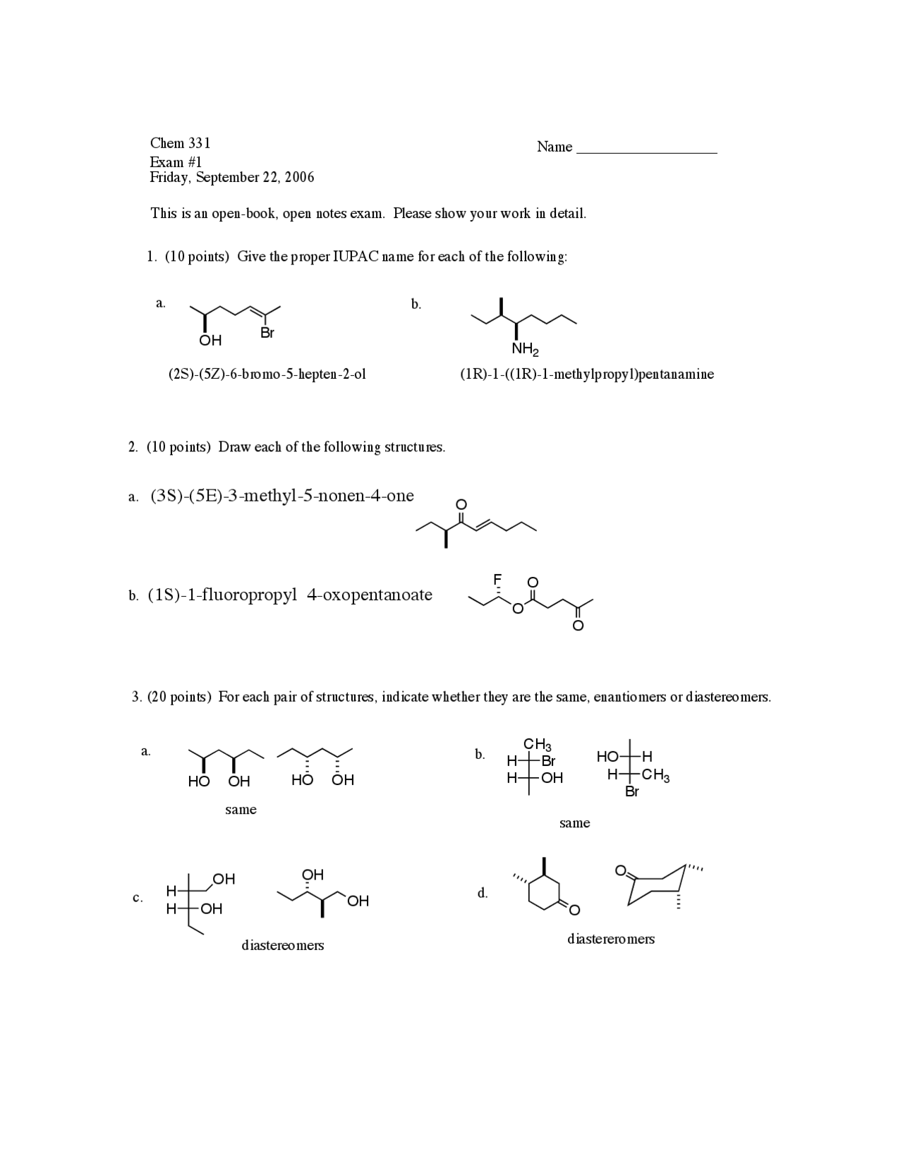 6 Questions on Organic Chemistry - Exam 1 | CHEM 331 - Docsity