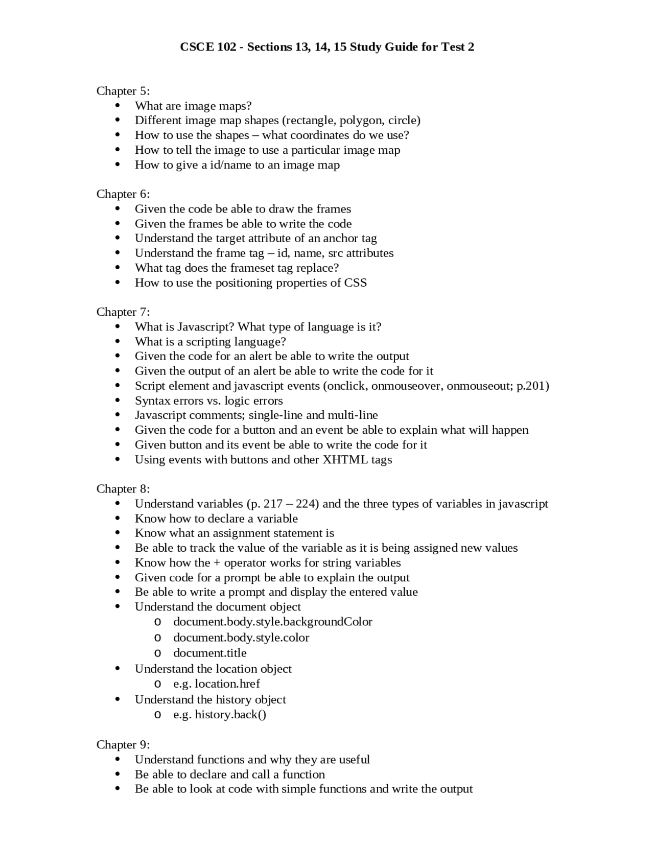 beginning javascript - general applications program |... Study Guide for Test 2 - General Applications Programming | CSCE 102 ...