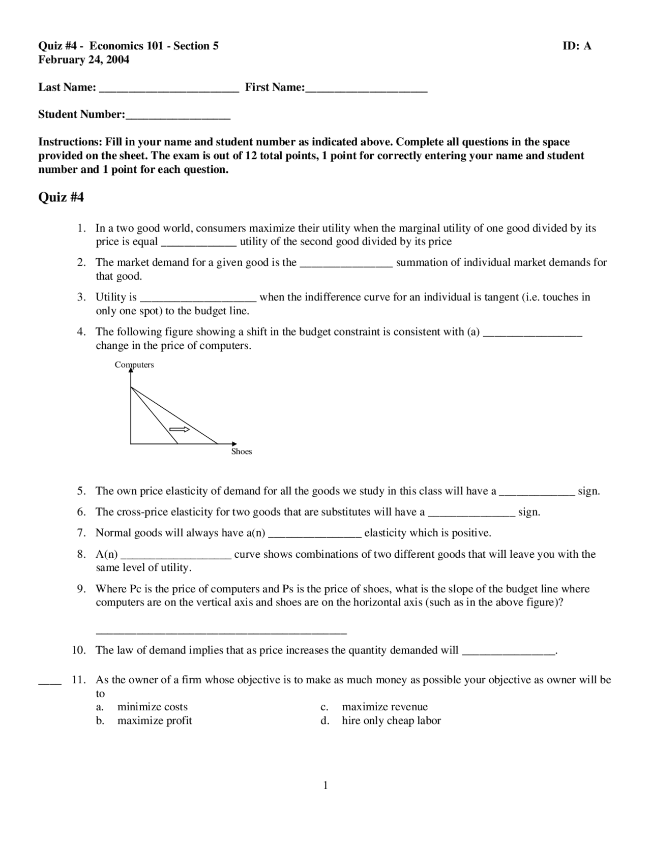 Solutions to Quiz 4 - Principles of Microeconomics | ECON 101 - Docsity