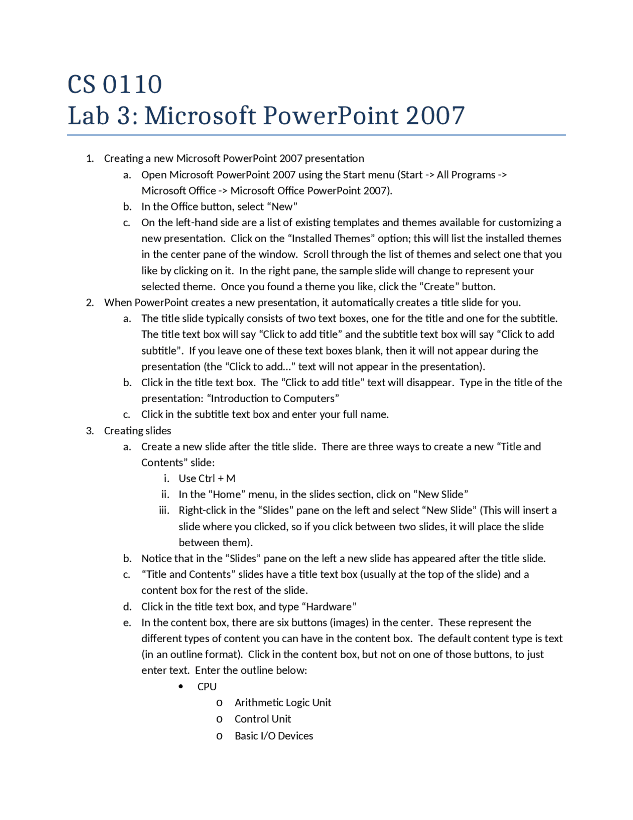 Microsoft Powerpoint 2007 - Laboratory 3 | CS 0110 - Docsity