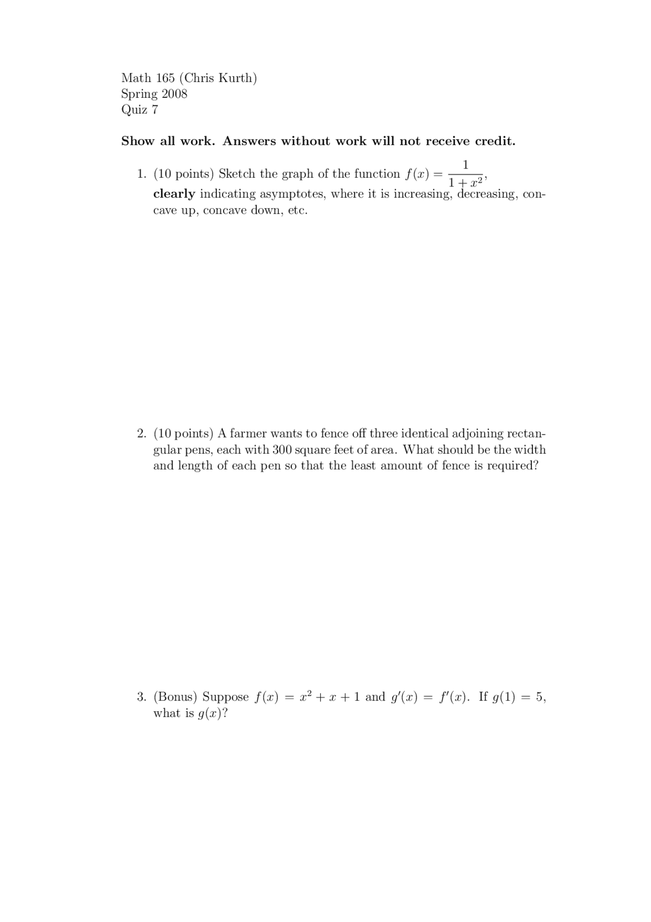 Math 165 Quiz 7 for Math 165 (Spring 2008) by Chris Kurth | Quizzes Calculus ...