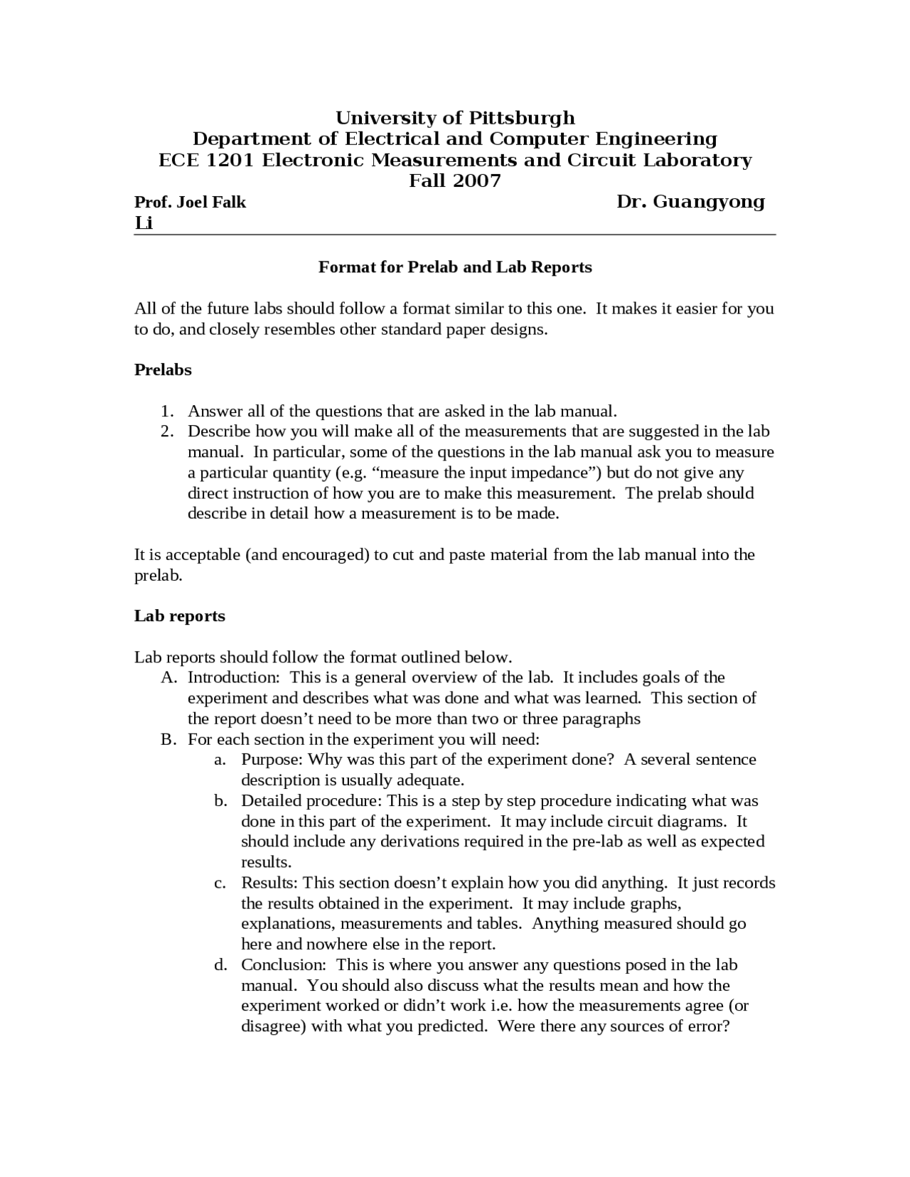Format for Prelab and Lab Reports - Laboratory | ECE 1201 - Docsity