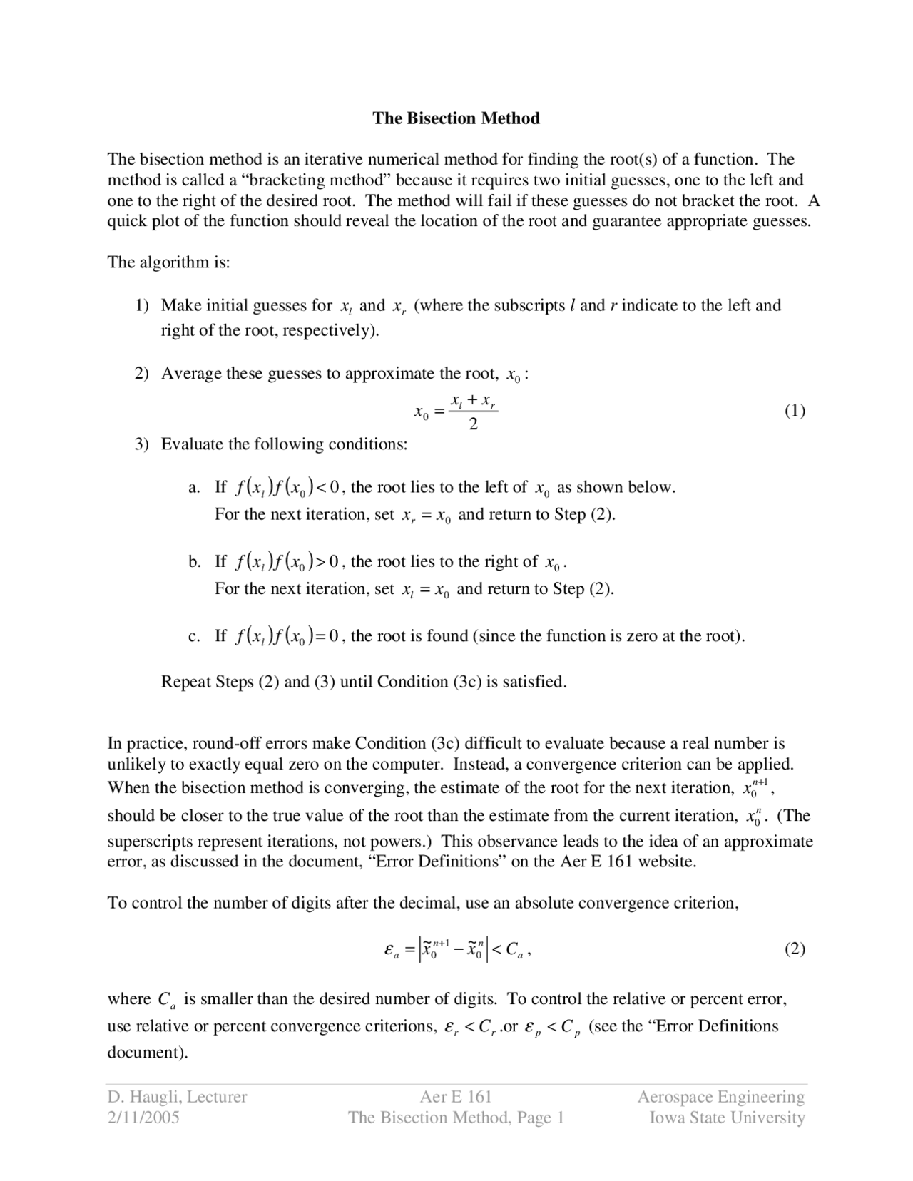 The Bisection Method - Lecture Notes | AER E 161 - Docsity