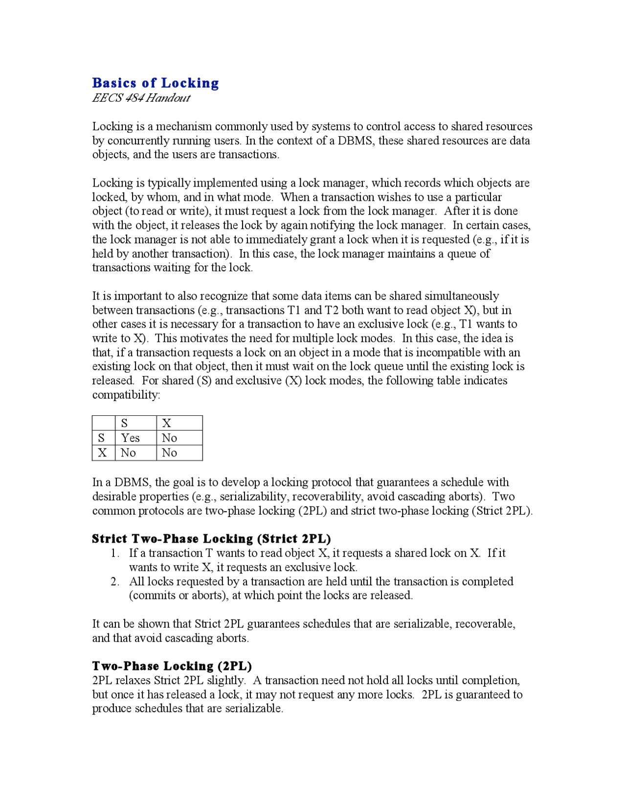 Basics of Locking - Database Management and System - Handout | EECS 484 ...
