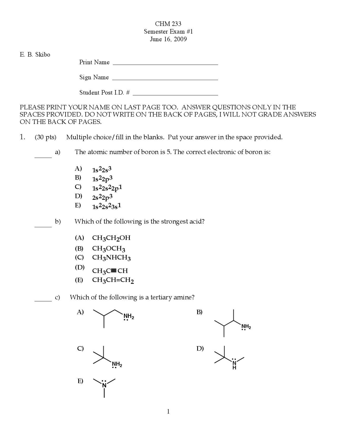 Exam 1 - General Organic Chemistry I - 2009 | CHM 233 - Docsity
