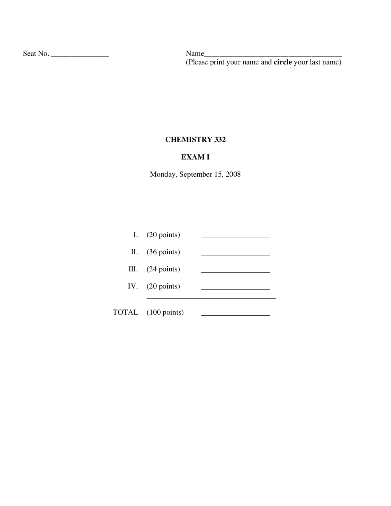 Organic Chemistry II - Sample Exam 1 | CHEM 332 - Docsity