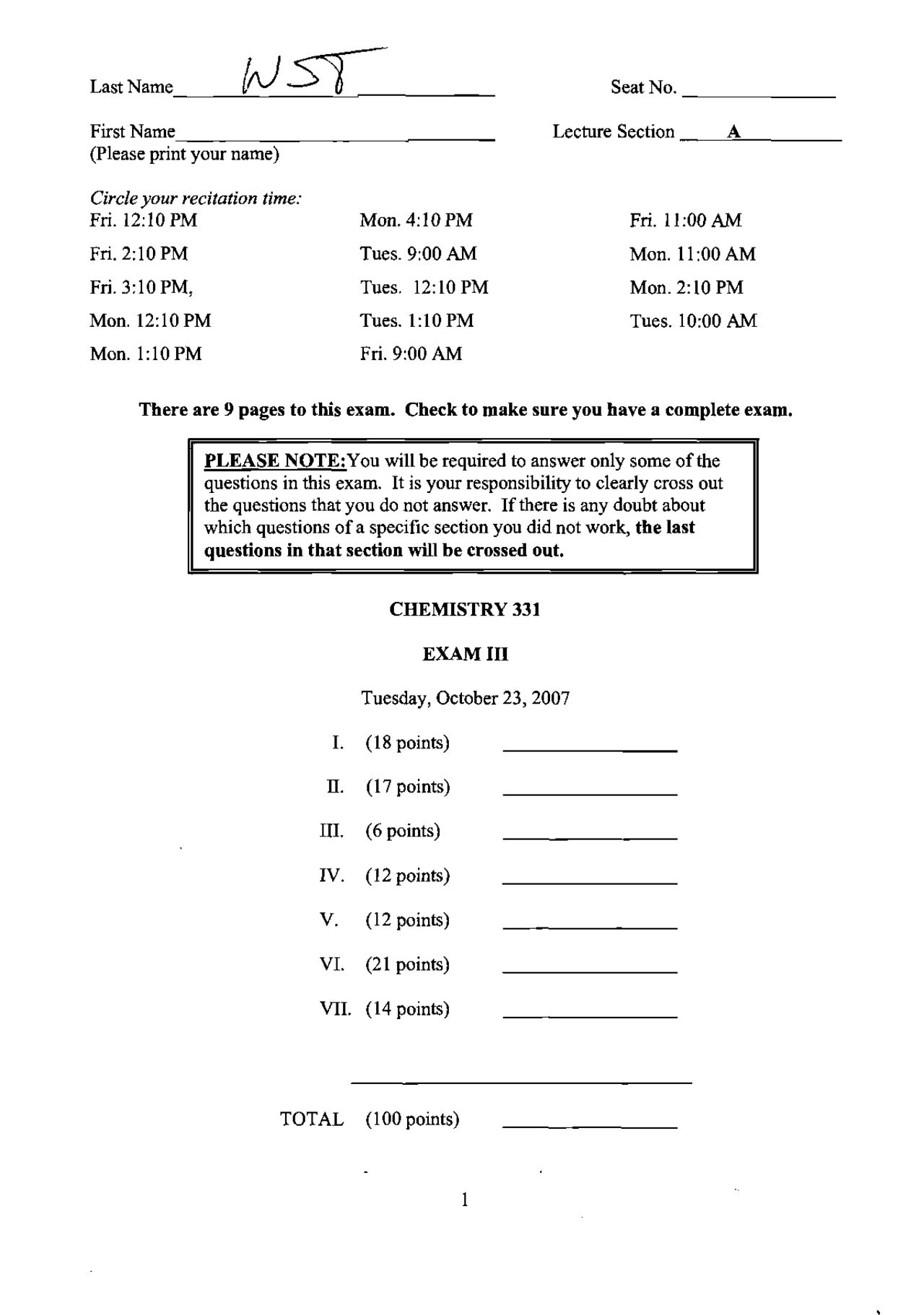 Exam 3 Version with Solution - Organic Chemistry I | CHEM 331 - Docsity