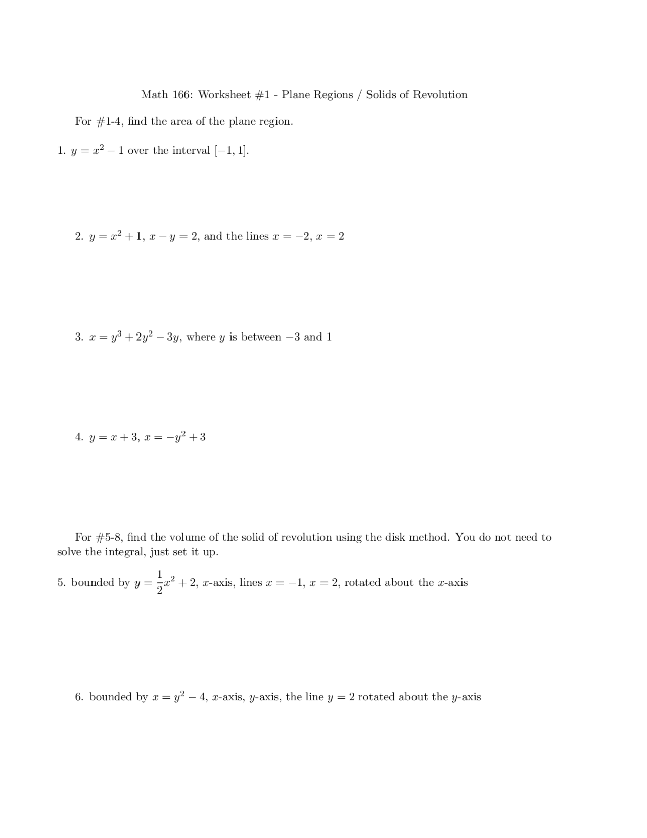 Plane Regions and Solids of Revolution - Worksheet 1 | MATH 166 - Docsity