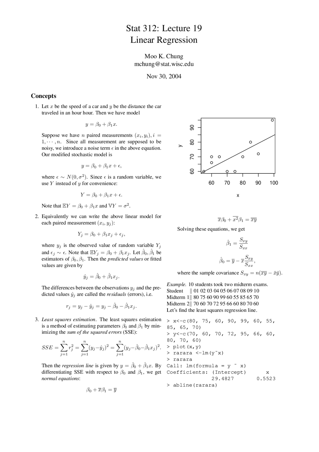 Regression Models Notes Linear Regression - Lecture Notes | STAT 312 - Docsity