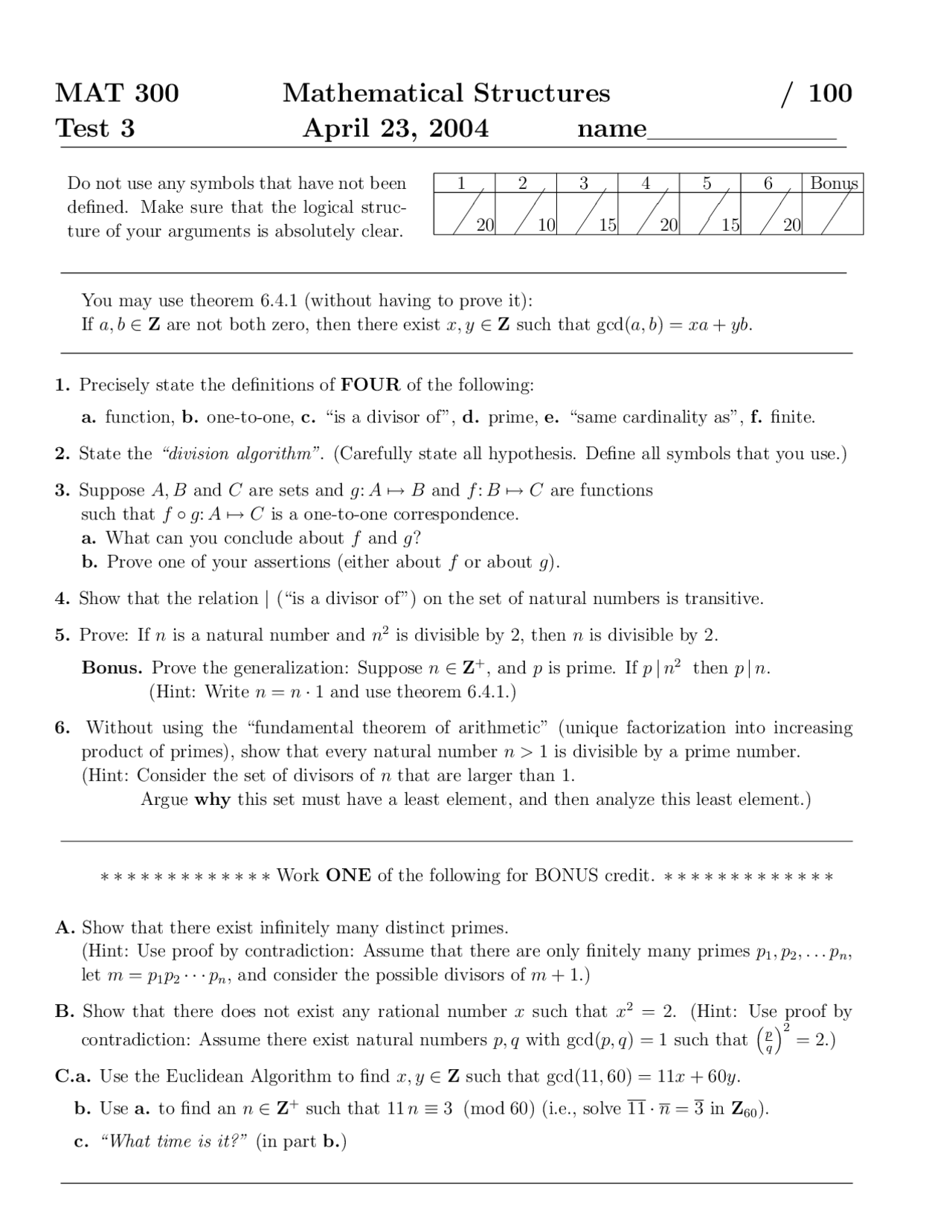 Exam 3 Review Problems - Mathematical Structures | MAT 300 - Docsity