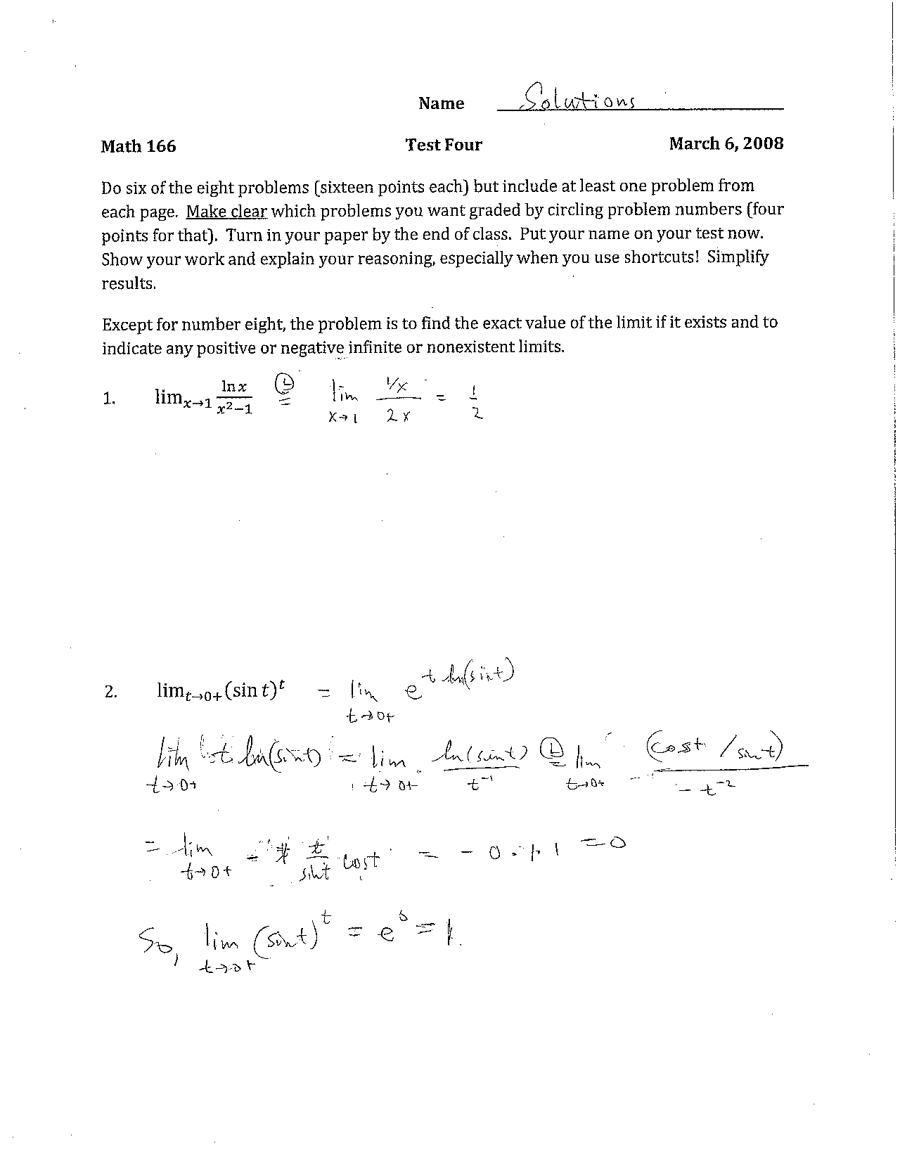 Solution to Exam 4 - Calculus II | MATH 166 - Docsity