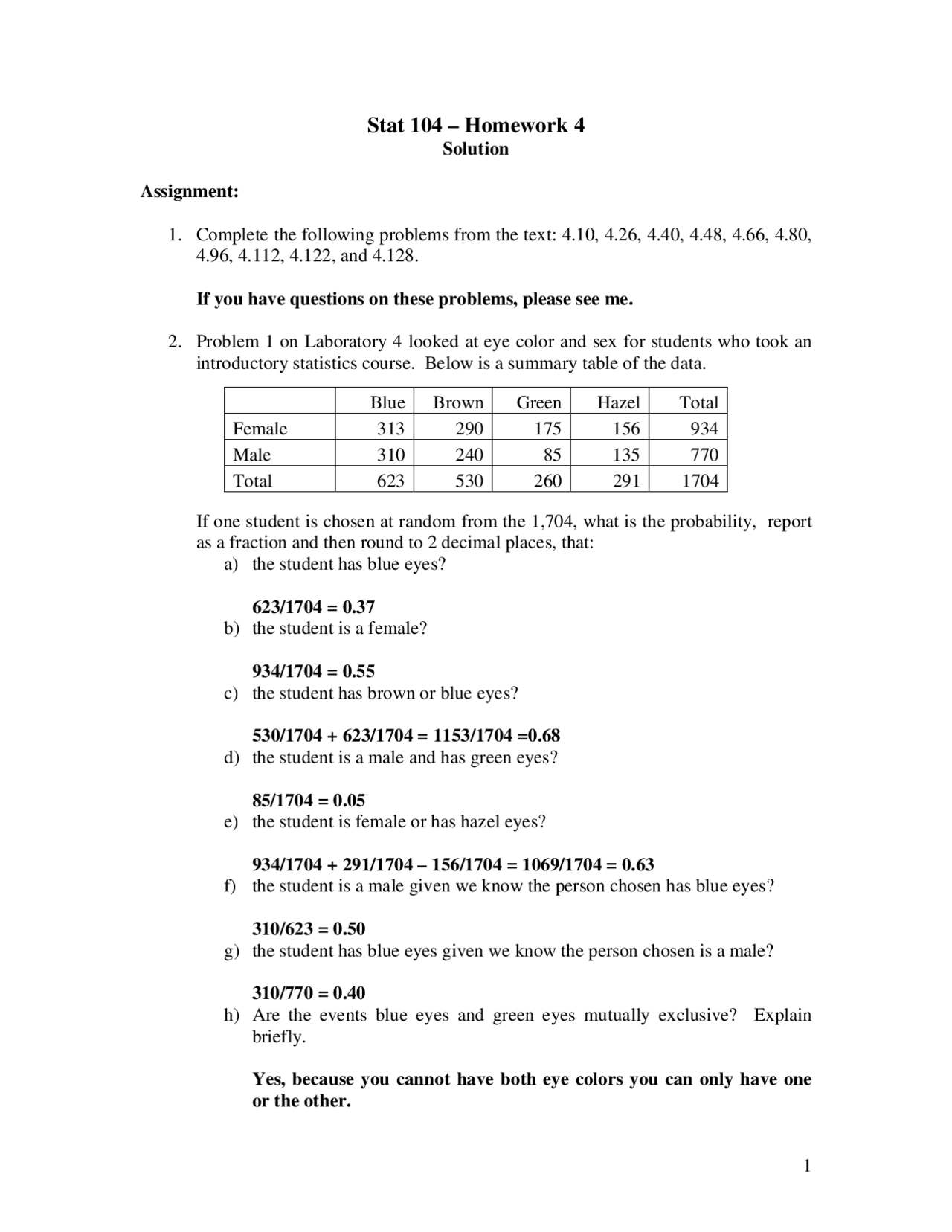 Homework 4 Solutions - Introduction to Statistics | STAT 104 - Docsity