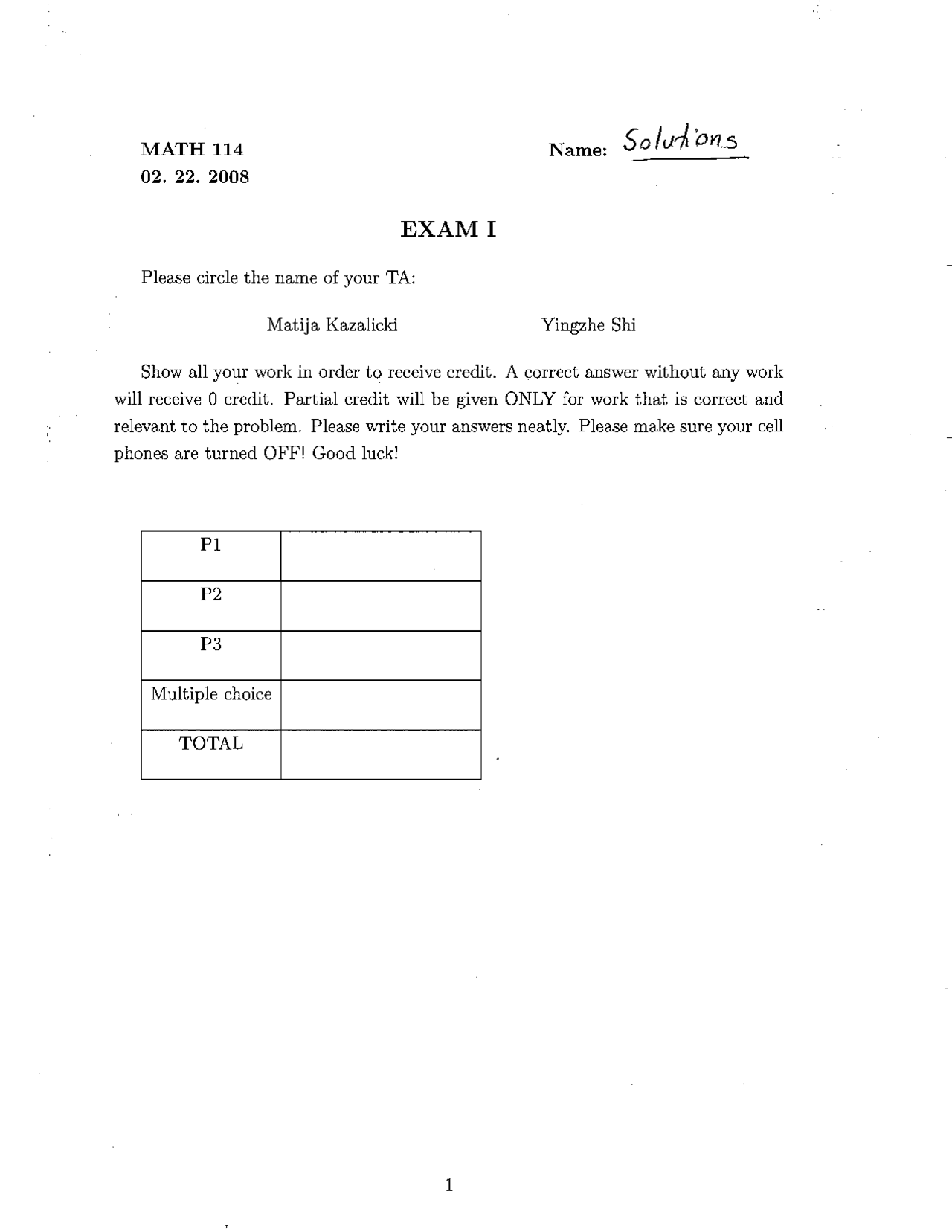 MATH 114 Exam I - Problems and Solutions | Exams Trigonometry | Docsity