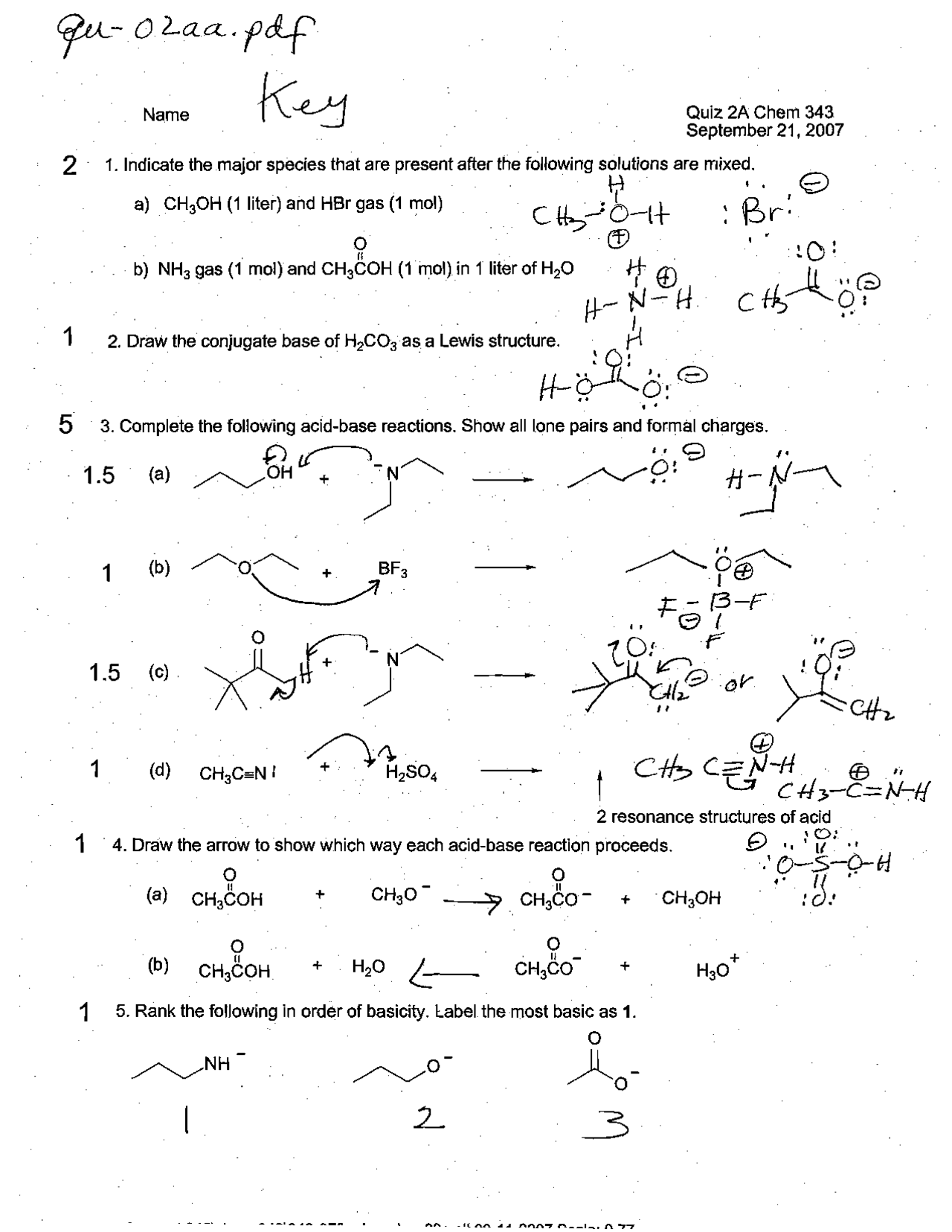 Solutions for Quiz 2A - Introductory Organic Chemistry | CHEM 343 - Docsity