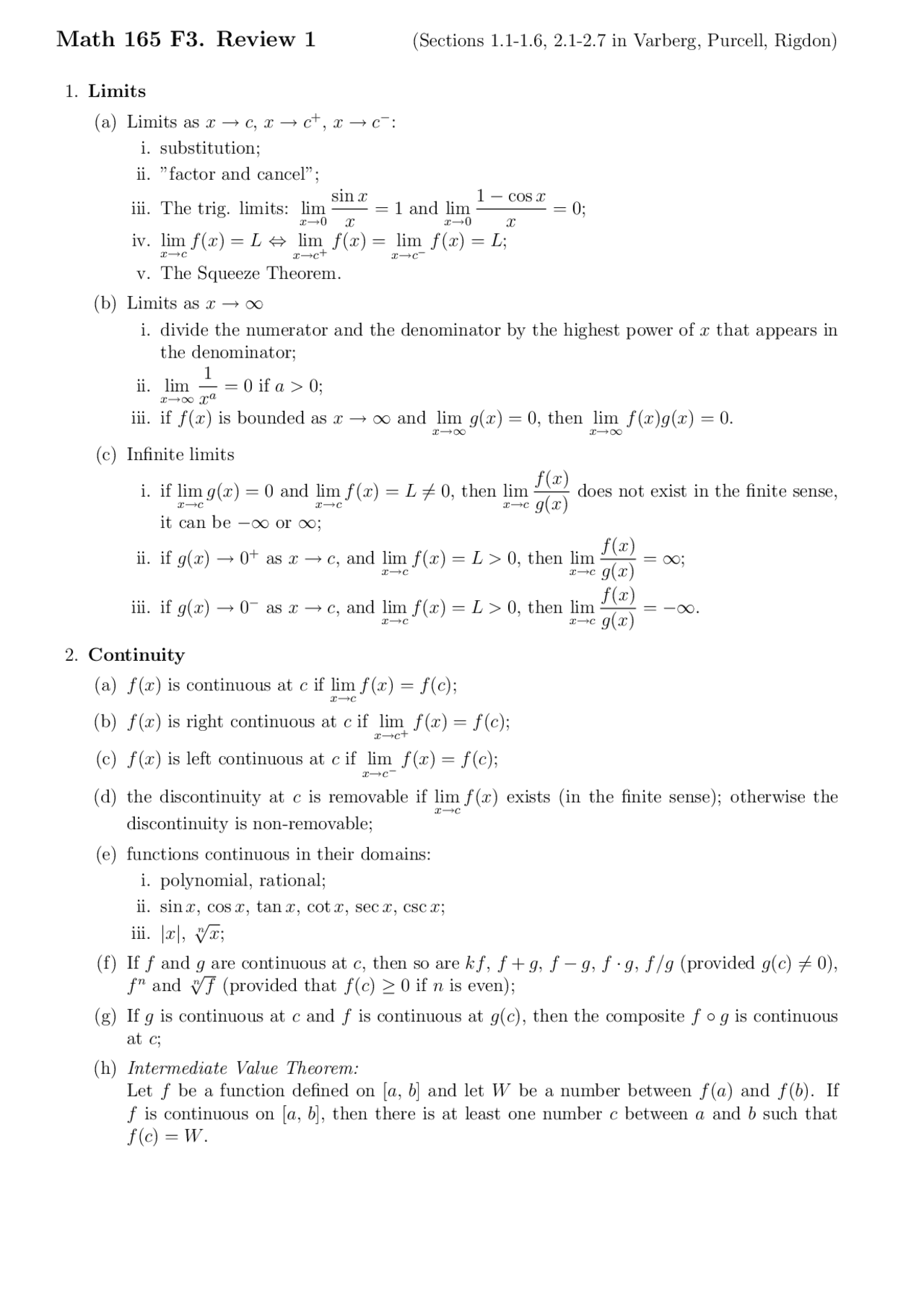 Limit, Continuity Review Sheet - Calculus II | MATH 165 - Docsity