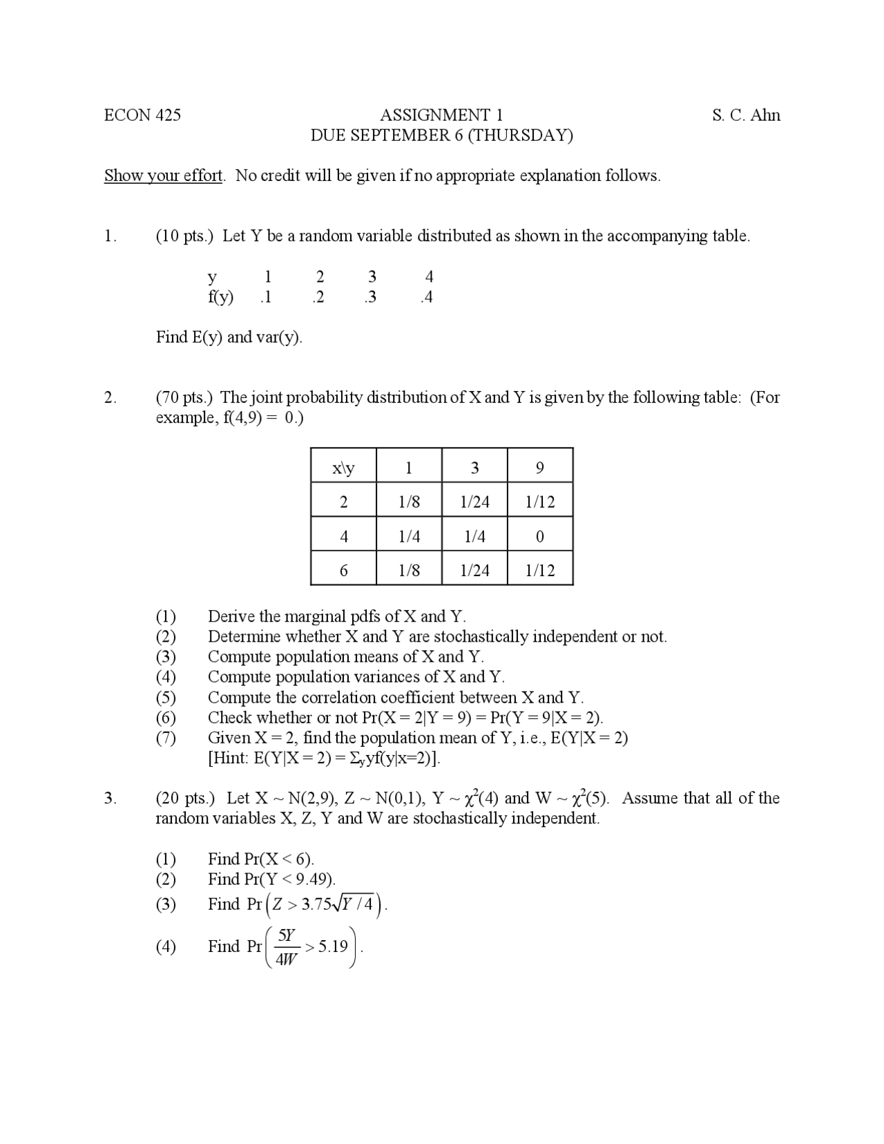 3 Problems on Probability Distribution - Assignment 1 | ECN 425 - Docsity