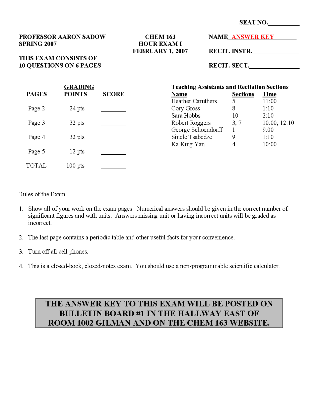 Old Lab Exam Papers Old Examination 1 with Answer Key - College Chemistry I | CHEM 163 ...