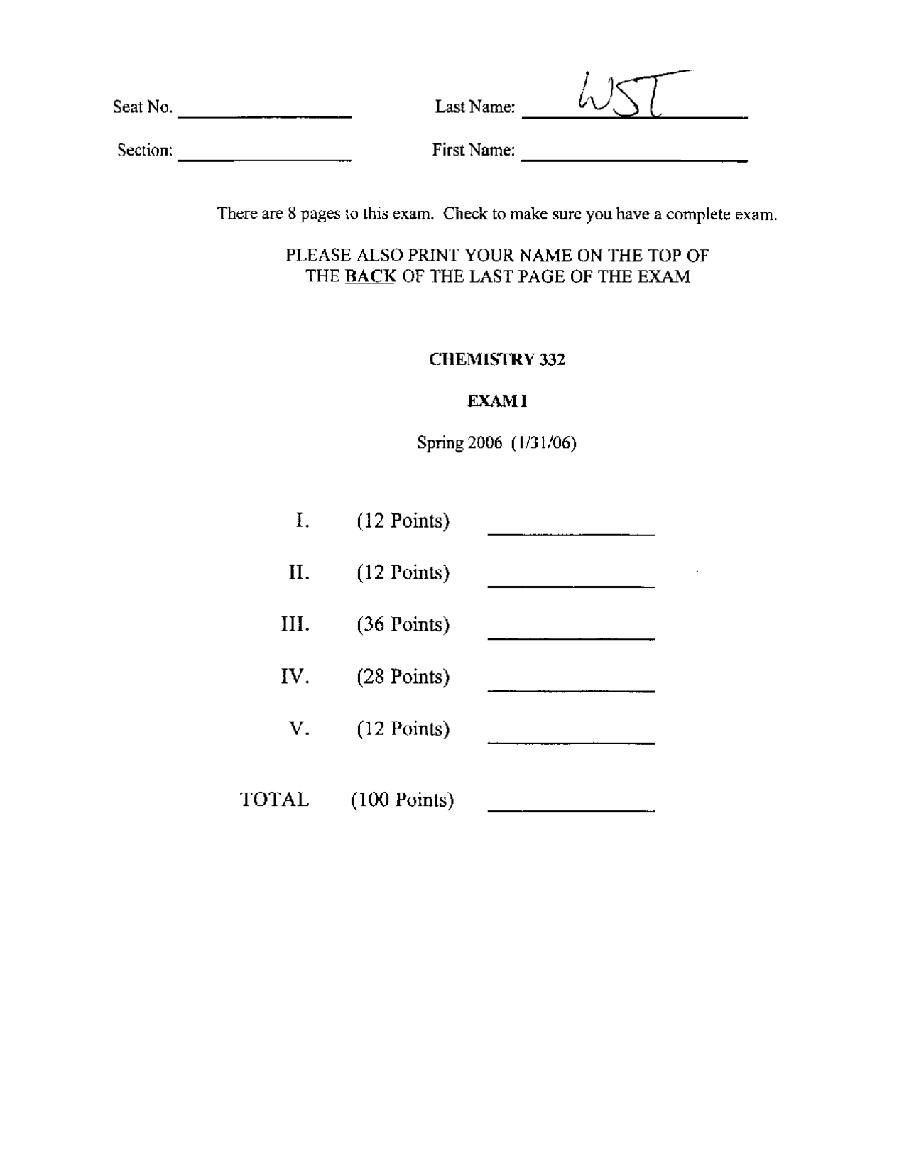 Solved Exam 1 - Organic Chemistry II | CHEM 332 - Docsity