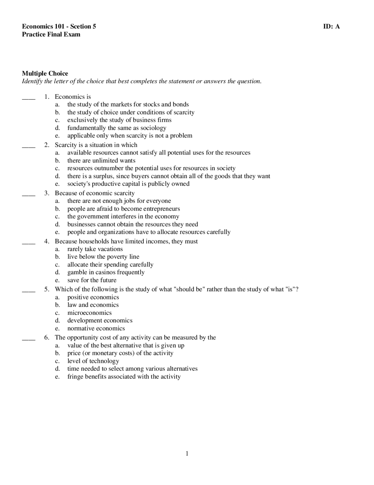 Principles of Microeconomics - Practice Final Exam | ECON 101 - Docsity