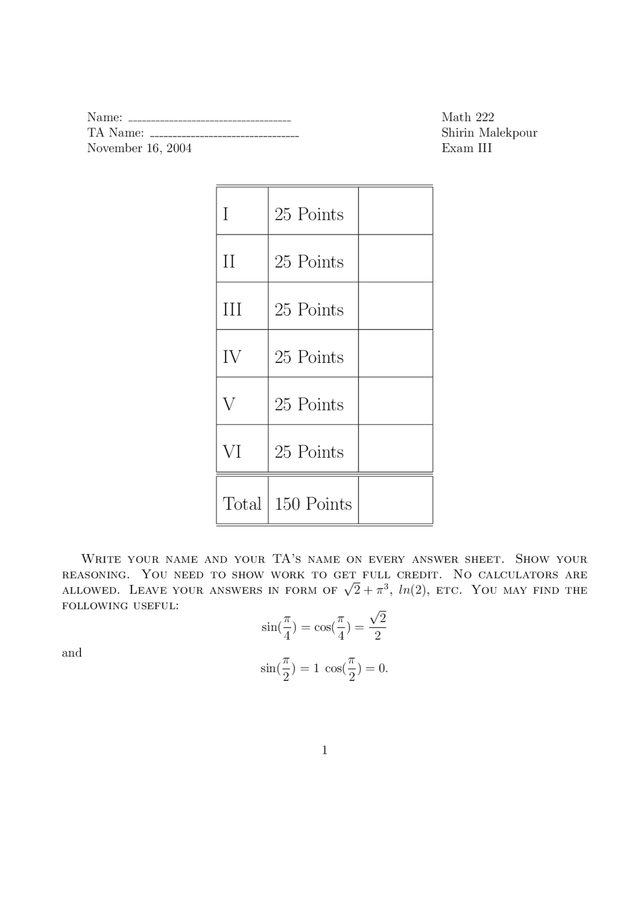 6 Problems in Examination 3 - Calculus and Analytical Geometry | MATH ...