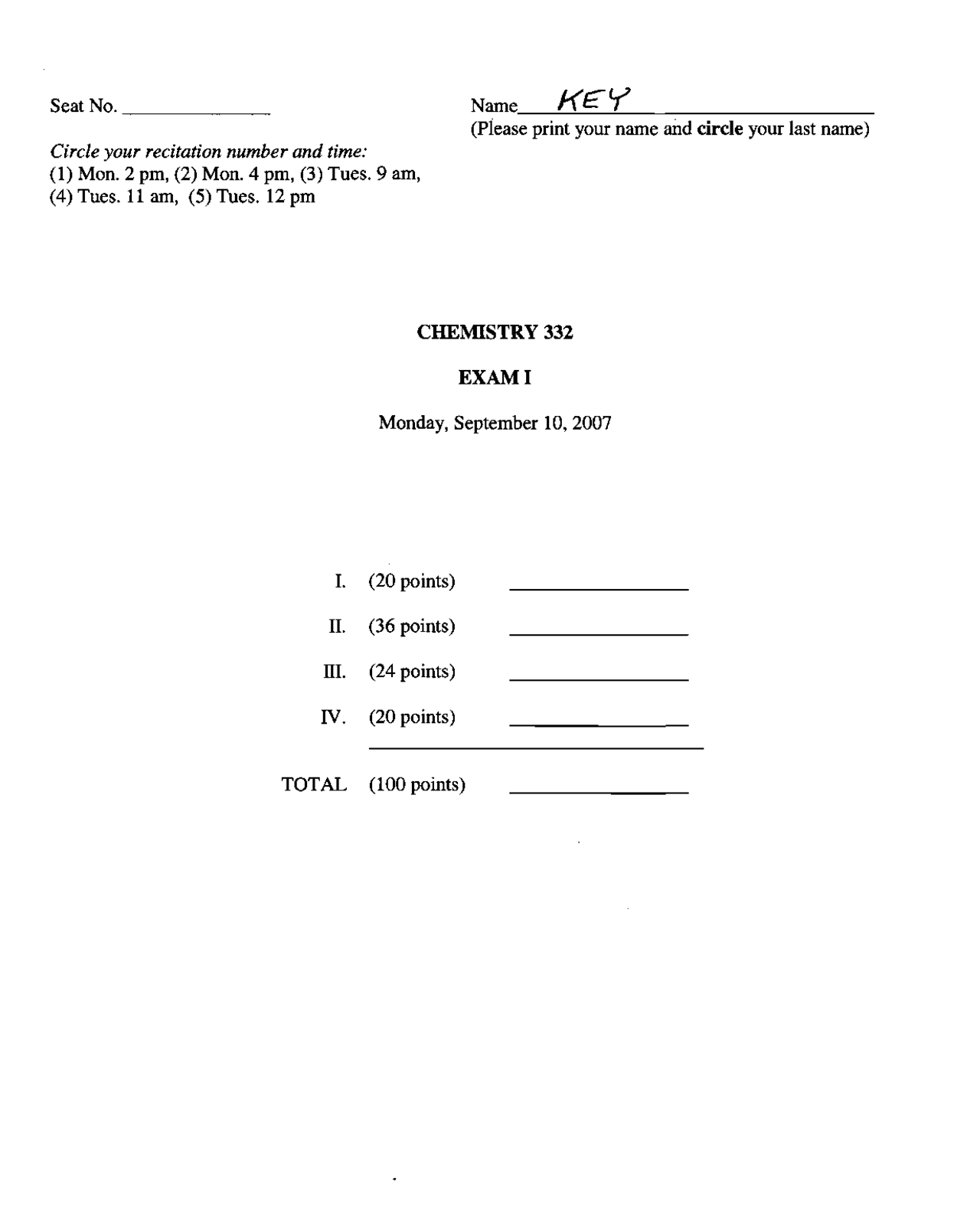 Organic Chemistry II - Solution Key for Exam 1 | CHEM 332 - Docsity