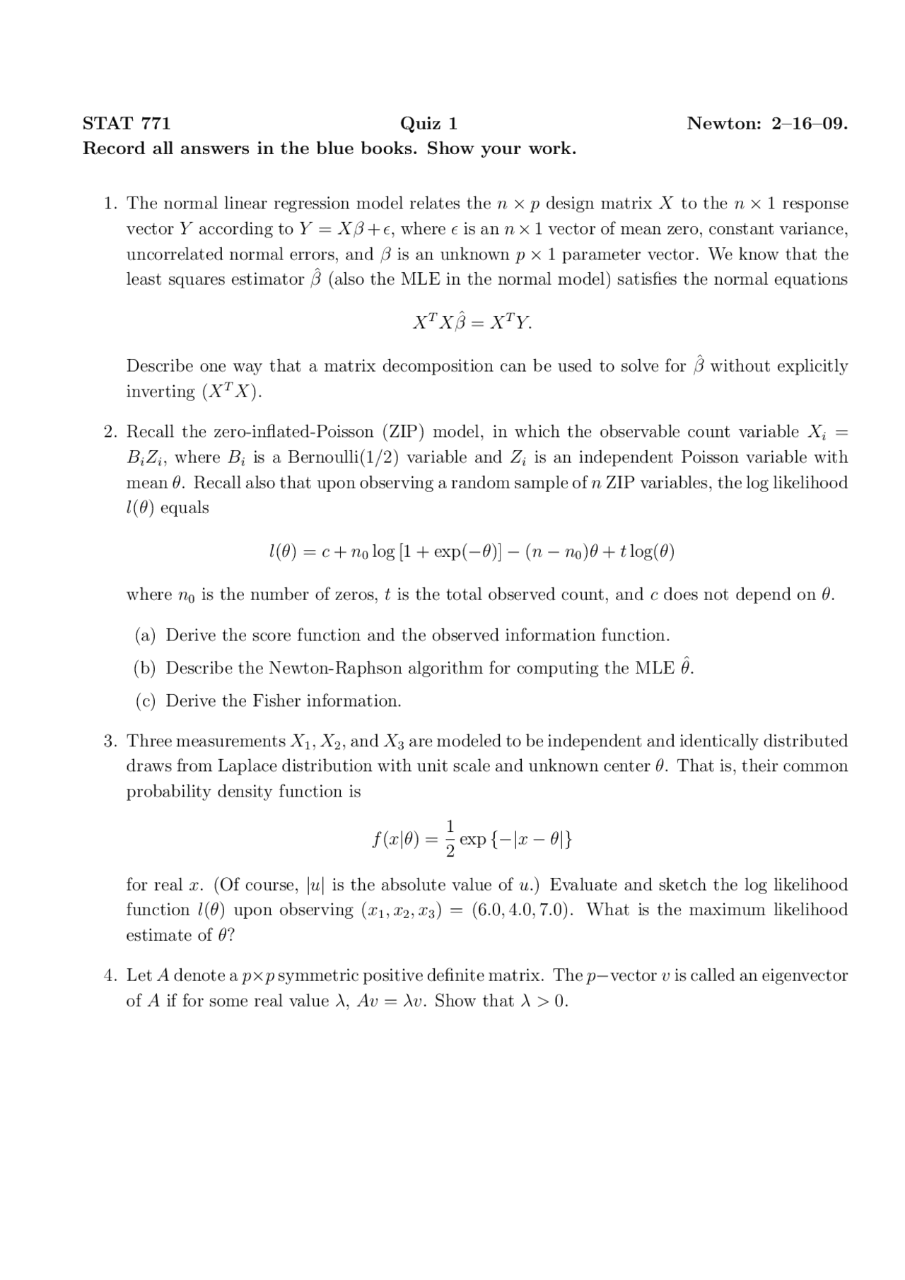 4 Problems On Statistical Computing Quiz 1 Stat 771 Docsity
