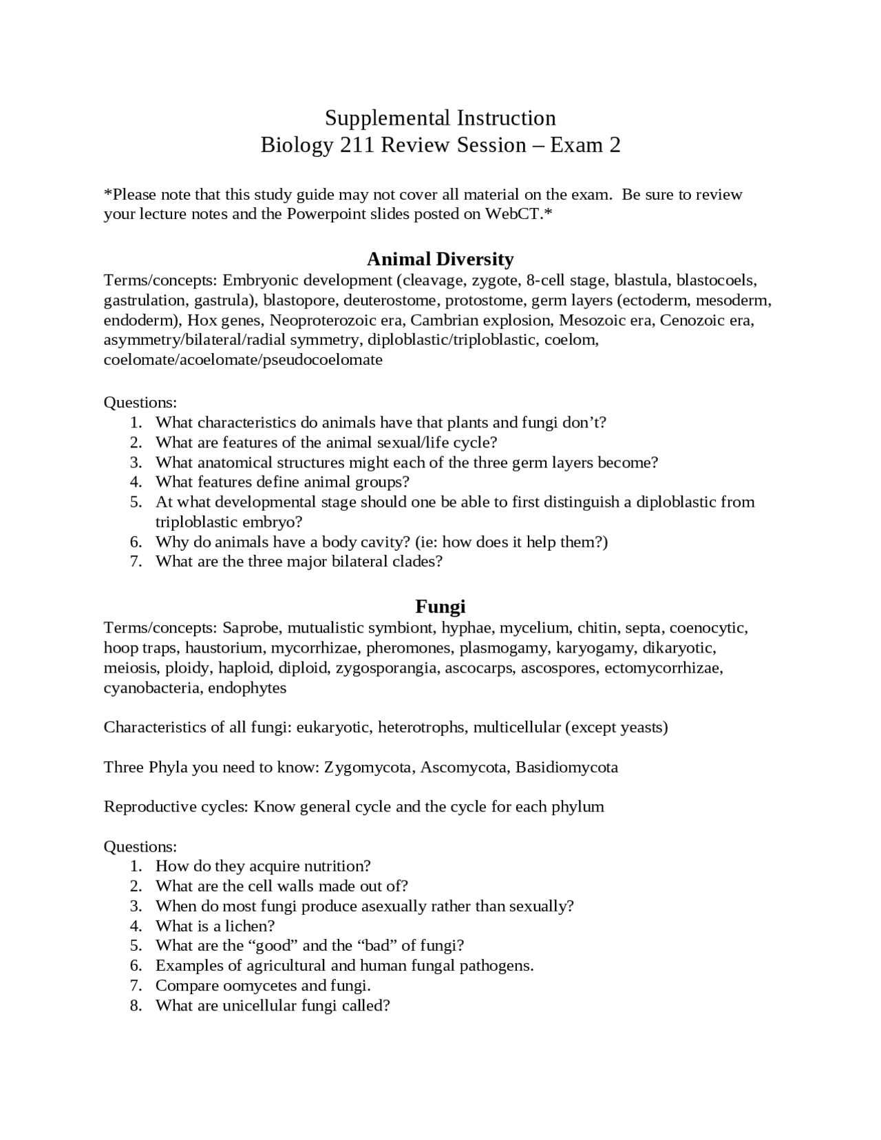 Exam 2 Review Sheet for Principles of Biology I | BIOL 211 - Docsity