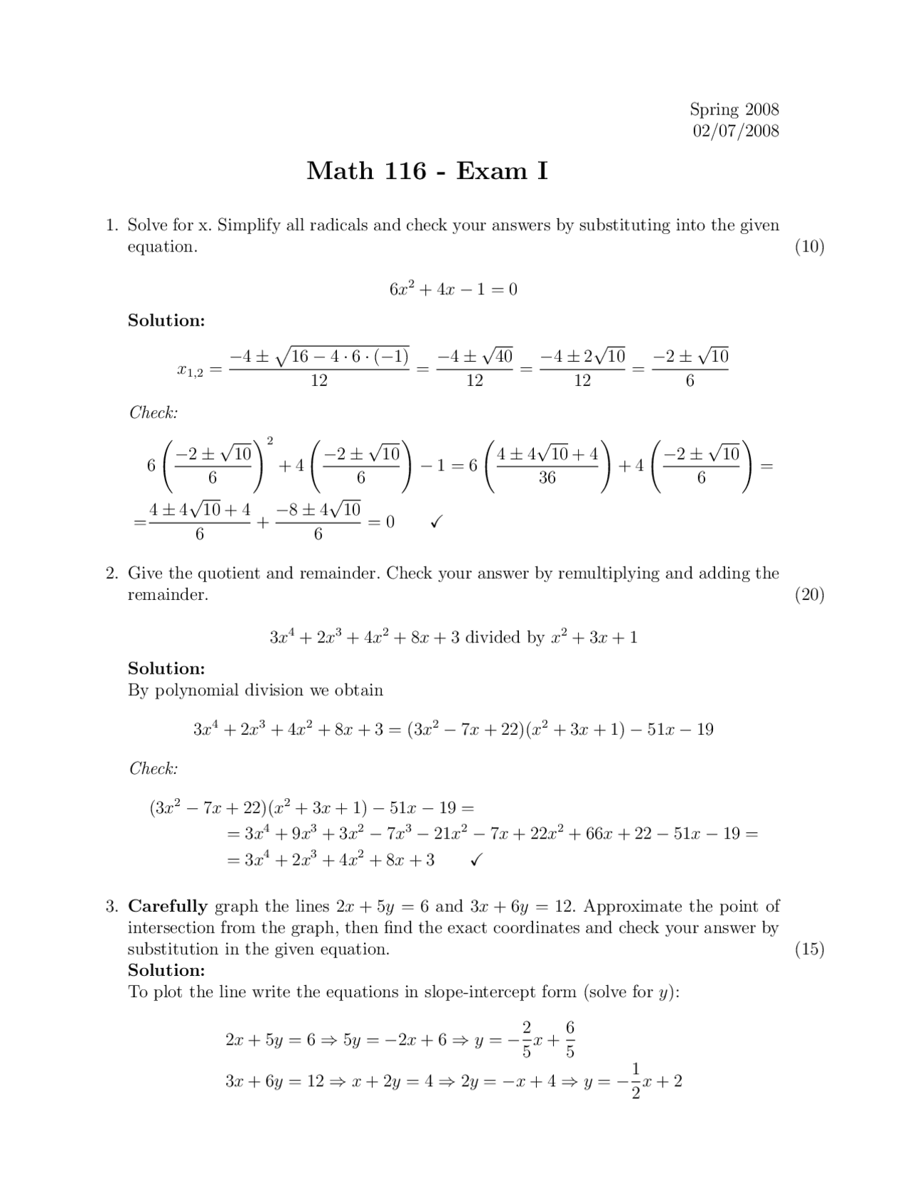 Solution to Exam 1 - College Algebra | MATH 116 - Docsity