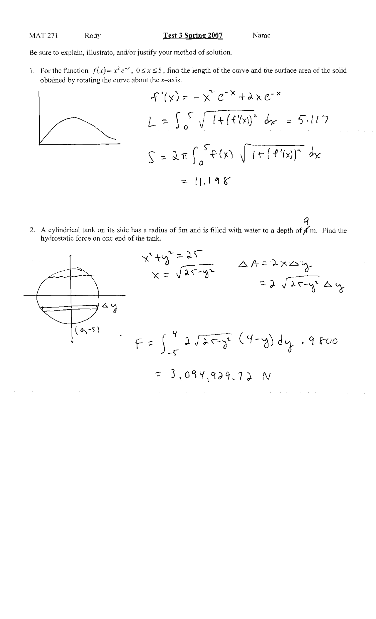 67 Math Problems Calculus MAT 271 - Spring 2007 Test 3: Calculus Problems | Exams Analytical ...