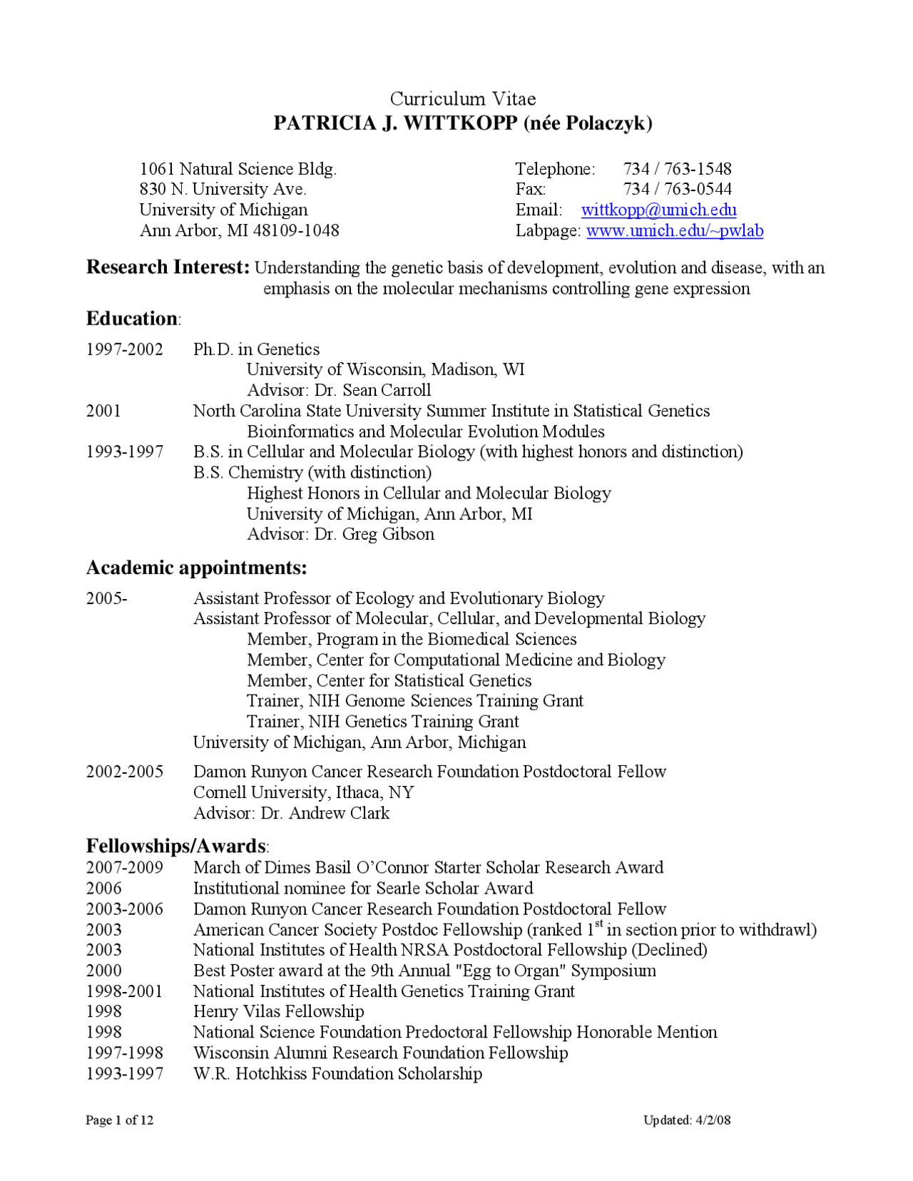 Curriculum Vitae - Genetics - Lab | BIOLOGY 305 - Docsity