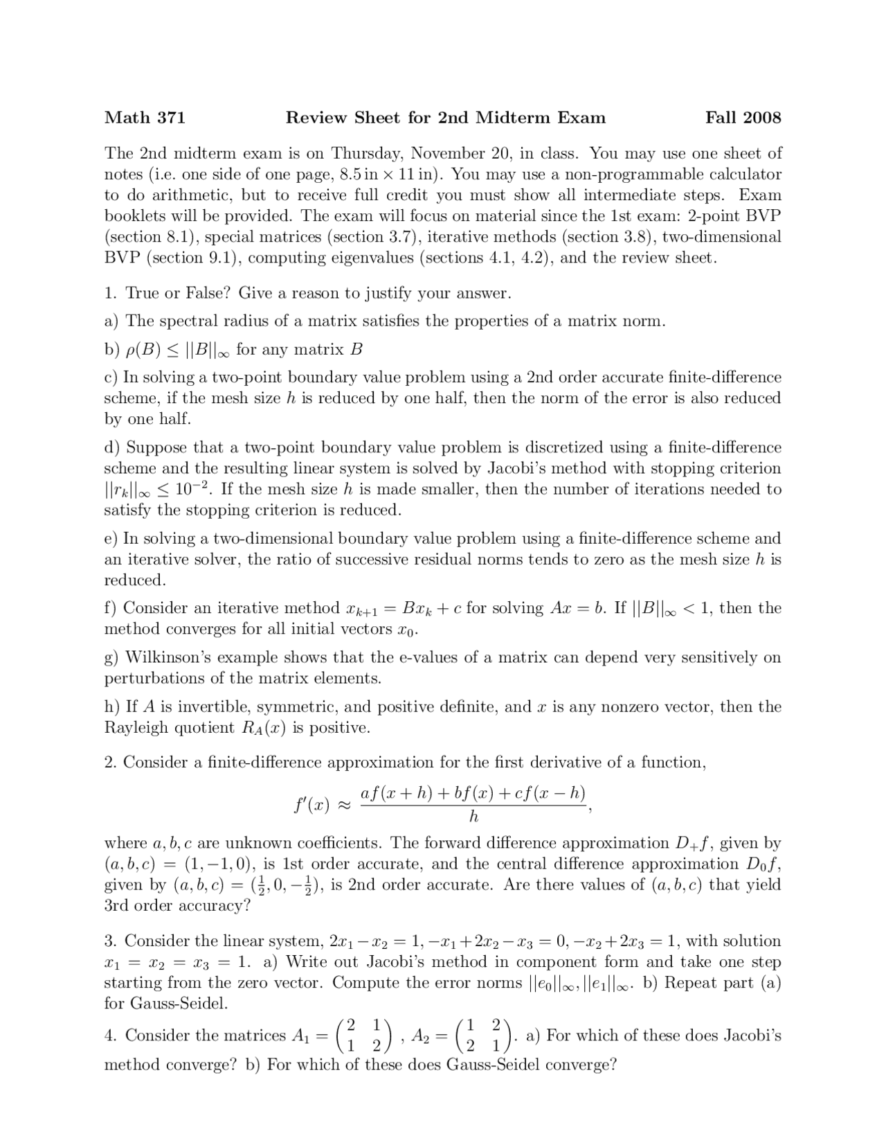 Numerical Methods for Engineers - Review Sheet for Midterm 2008 | MATH ...