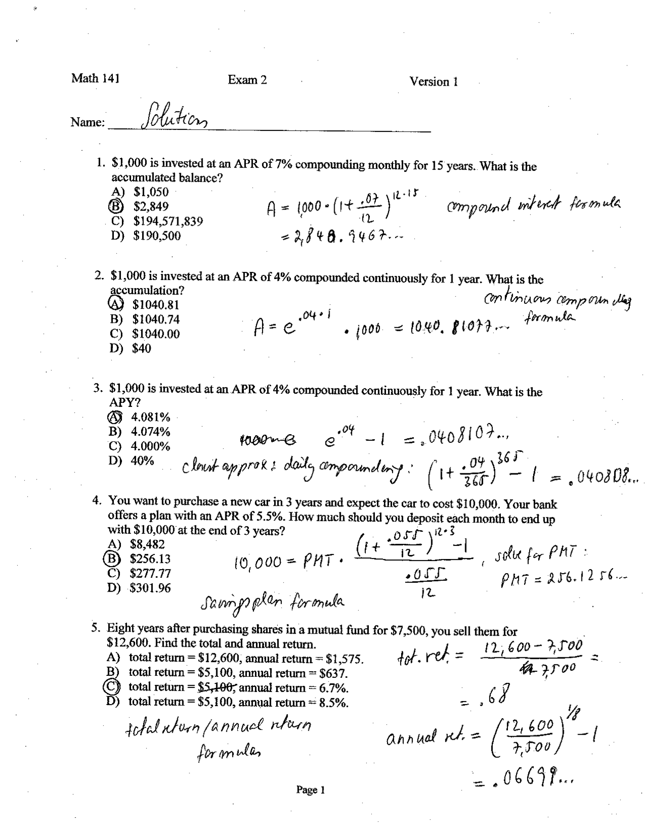 Math 141example Problems Exam 2 Solutions | Quantitative Reasoning and Problem Solving | MATH ...