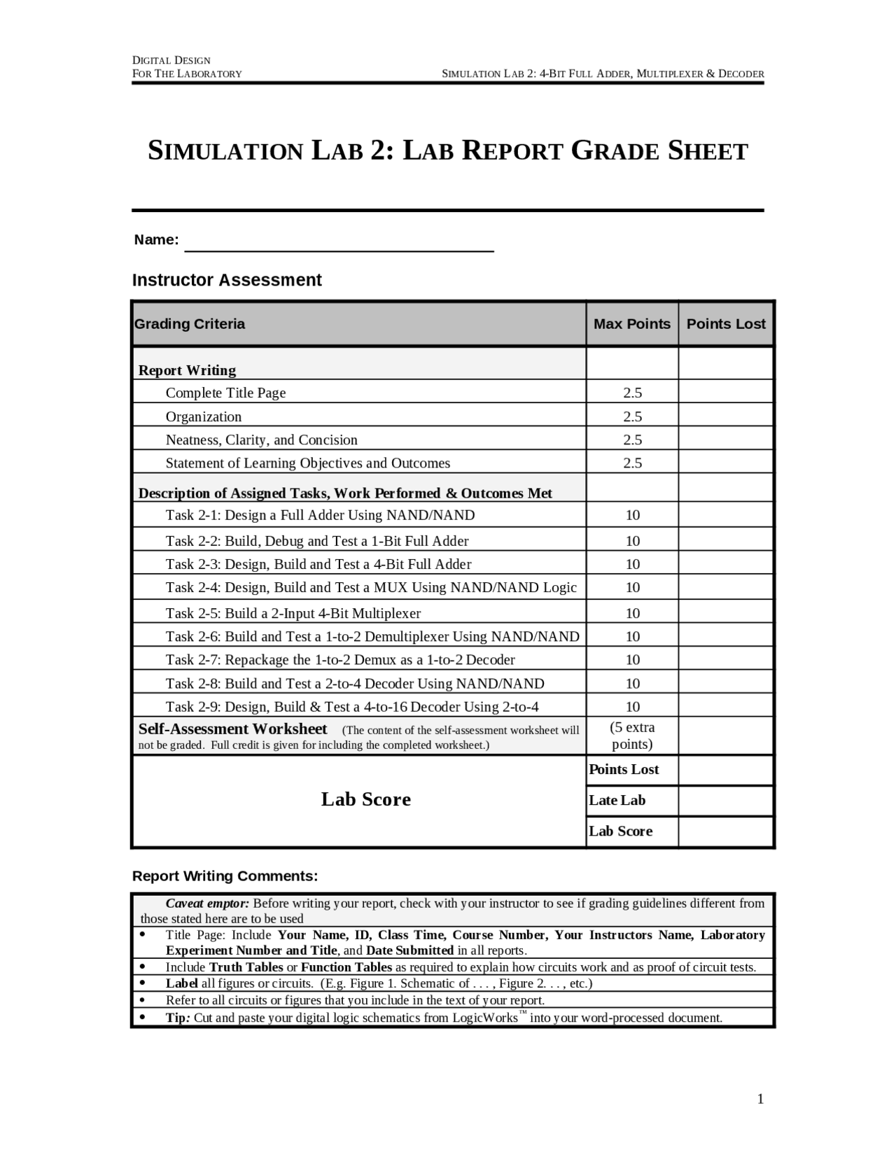 Simulation, Lab Report Grade Sheet Digital Design Fundamentals CSE