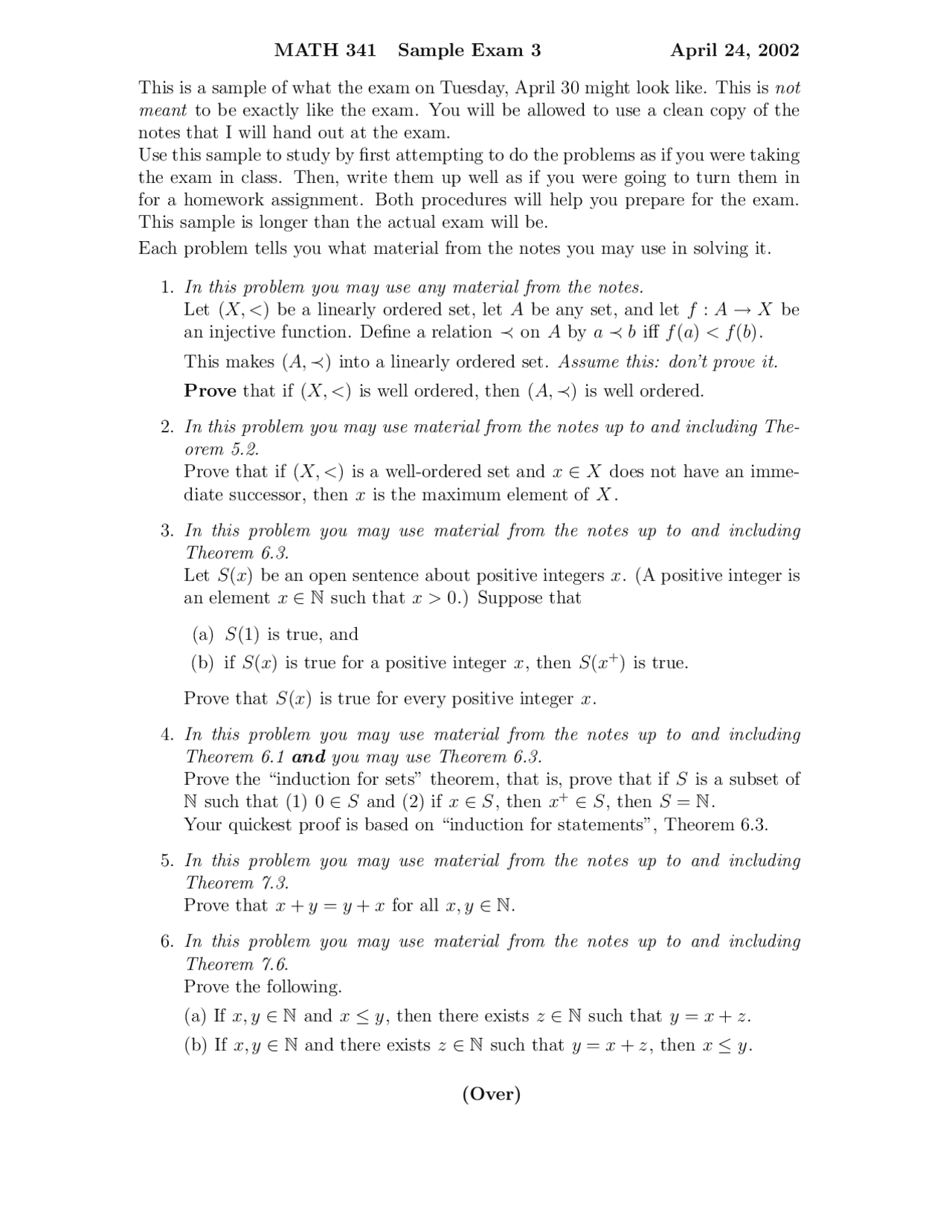 Sample Exam 3 For Introduction To The Language And Practice Of Mathematics Math 341 Docsity