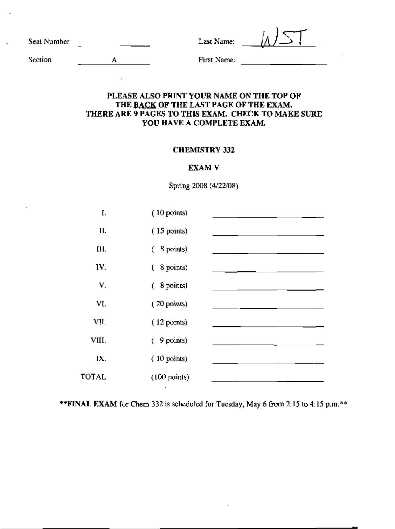 Practice Exam 5 with Answers - Organic Chemistry II | CHEM 332 - Docsity