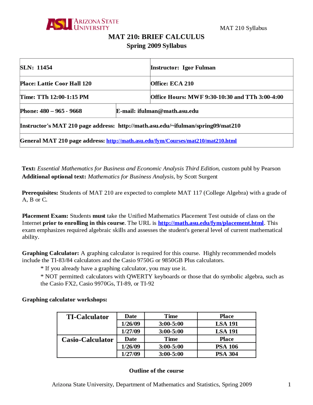 Brief Calculus - Syllabus Schedule | MAT 210 - Docsity