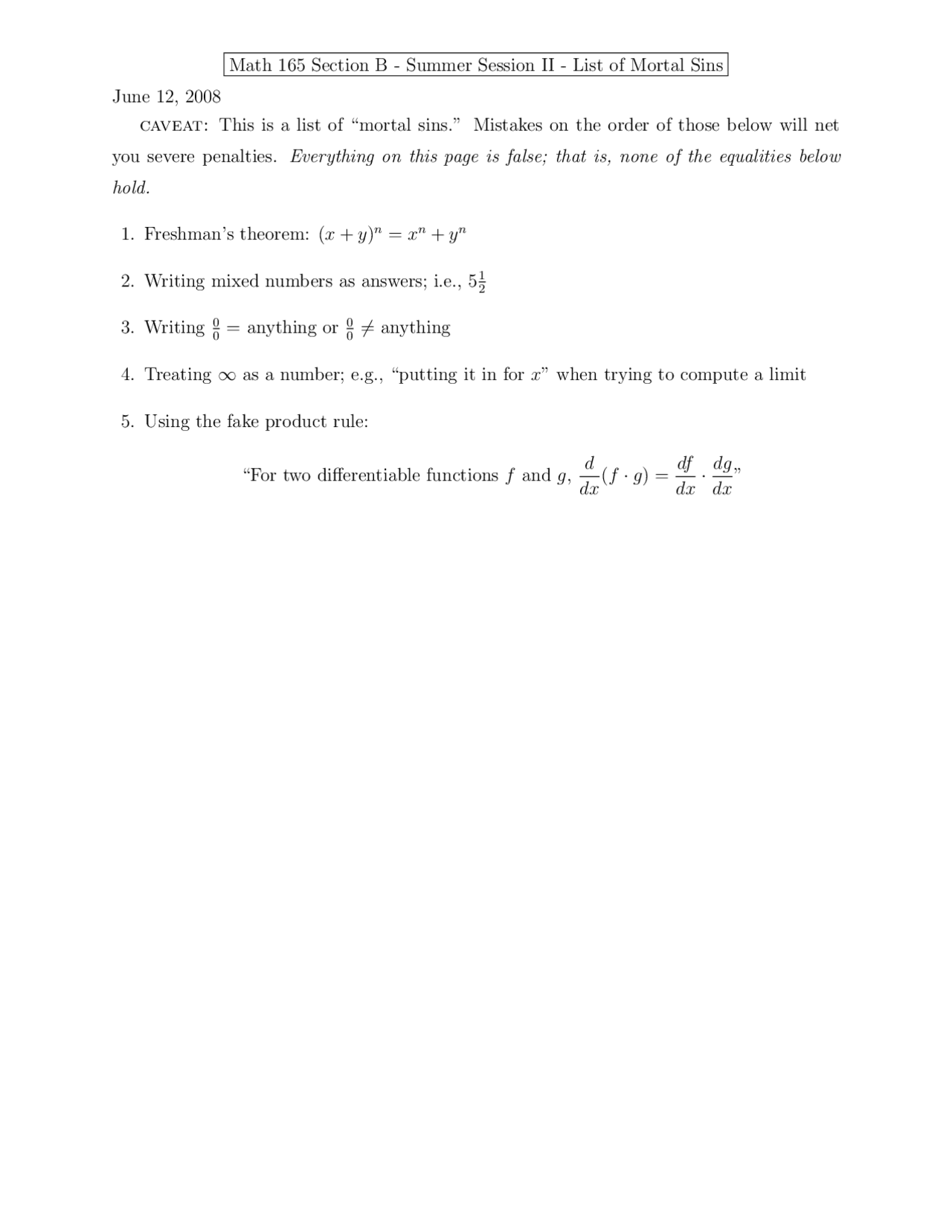 Calculus I - Assignment for List of Mortal Sins | MATH 165 - Docsity