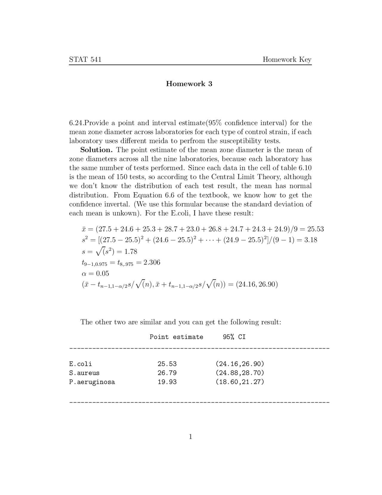 Homework 3 with Answer Key for Introduction to Biostatistics | STAT 541 ...