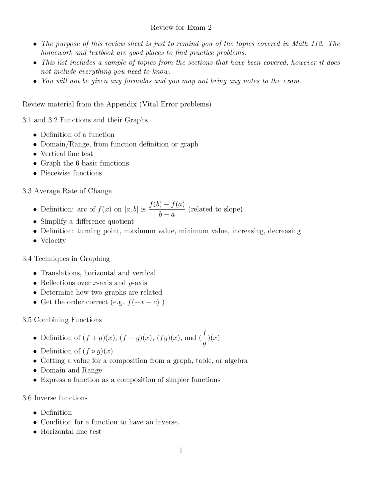 Review Sheet for Exam 2 - Algebra | MATH 112 - Docsity
