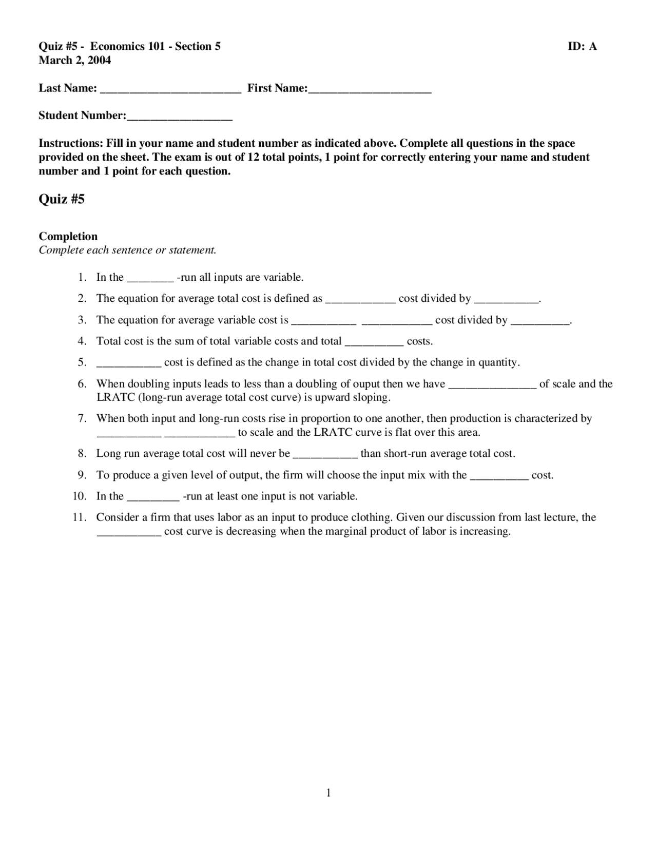 Quiz 5 with Answer Key - Principles of Microeconomics | ECON 101 ...