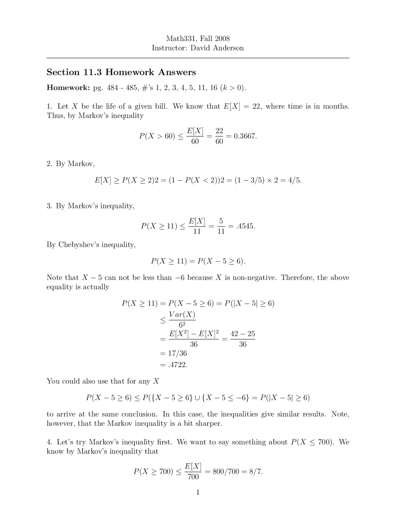 Homework Answers - Probability and Markov Chain Models | MATH 331 ...