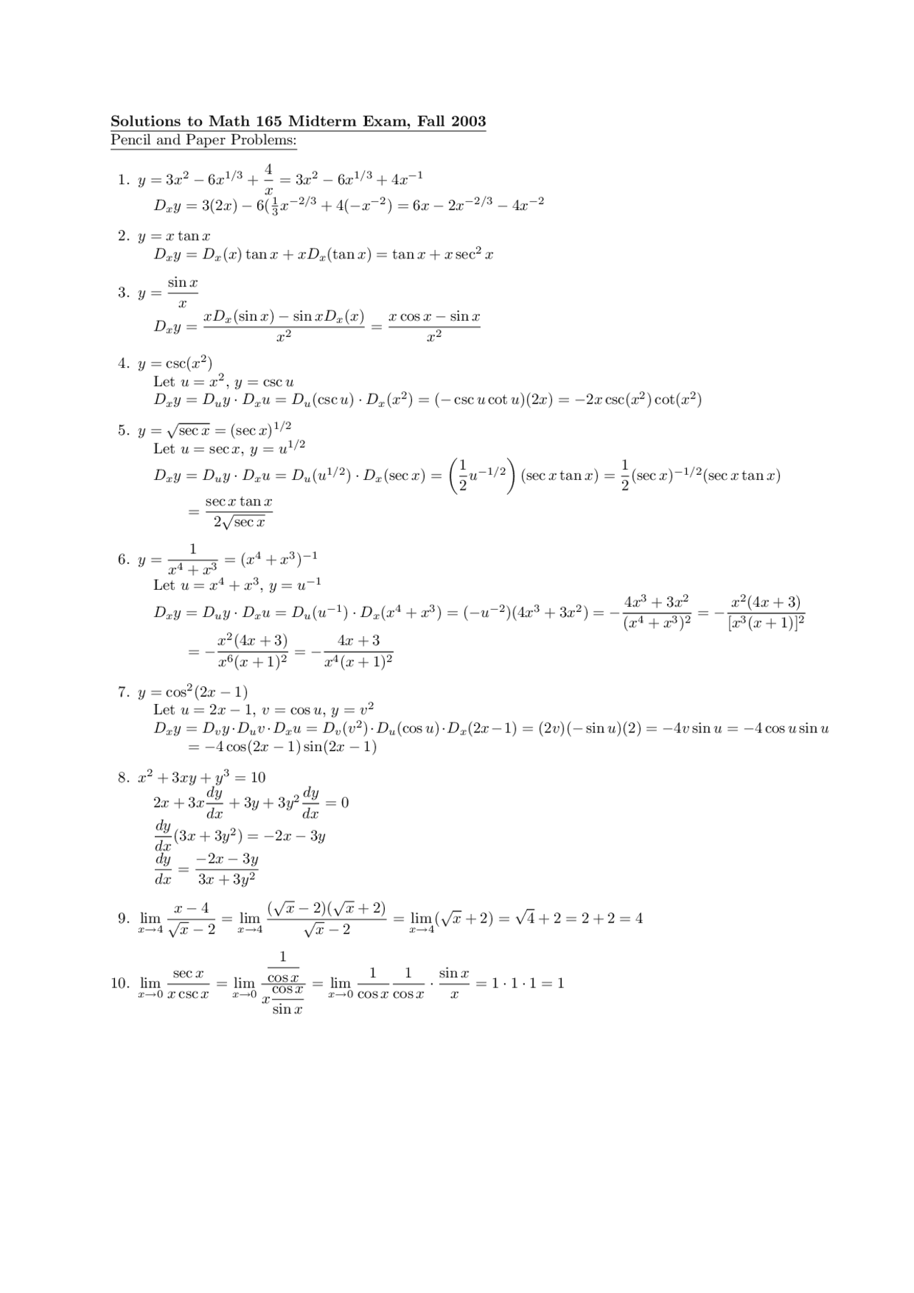 Math 165 Solutions to Midterm Exam - Calculus I | MATH 165 - Docsity