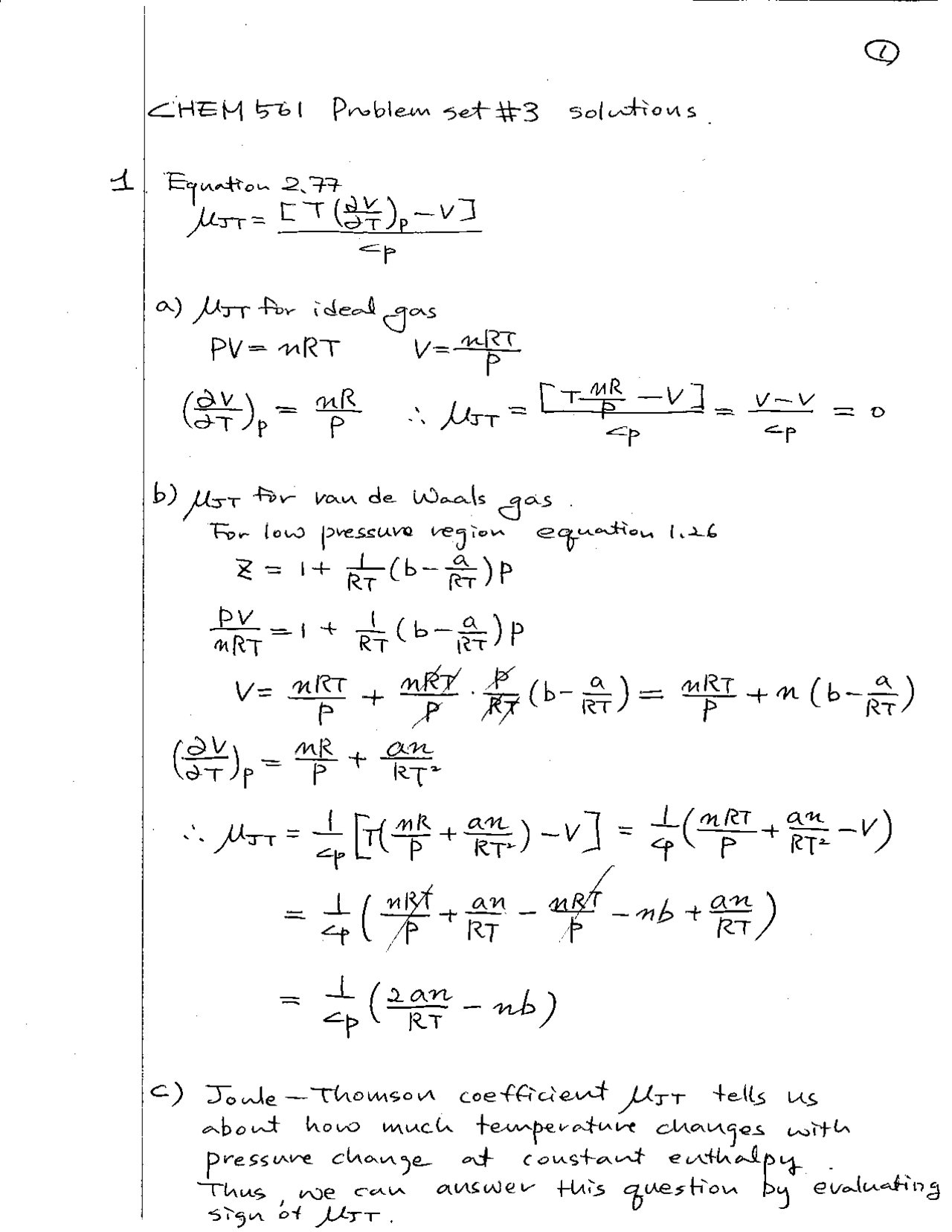 Problem Set 3 Solutions - Physical Chemistry | CHEM 561 - Docsity