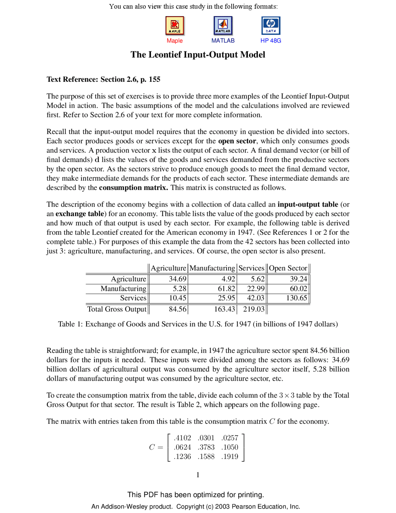 The Leontief Input, Output Model - Linear Algebra | MATH 217 - Docsity