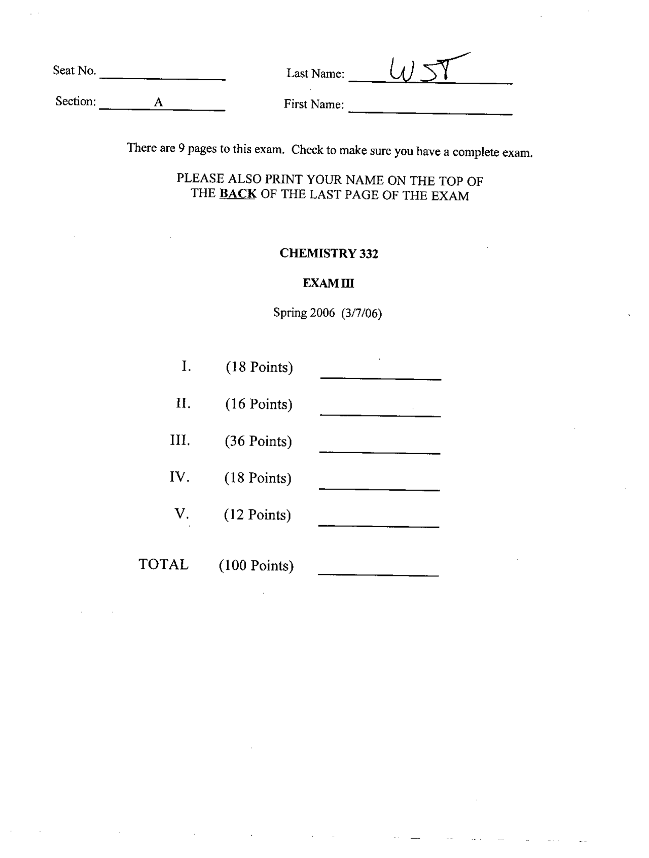 Solutions for Exam 3 - Organic Chemistry II | CHEM 332 - Docsity