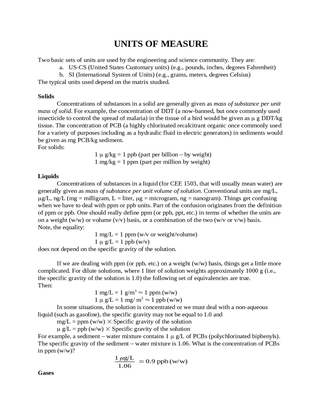Notes on Units of Measure of Environmental engineering | CEE 1503 - Docsity