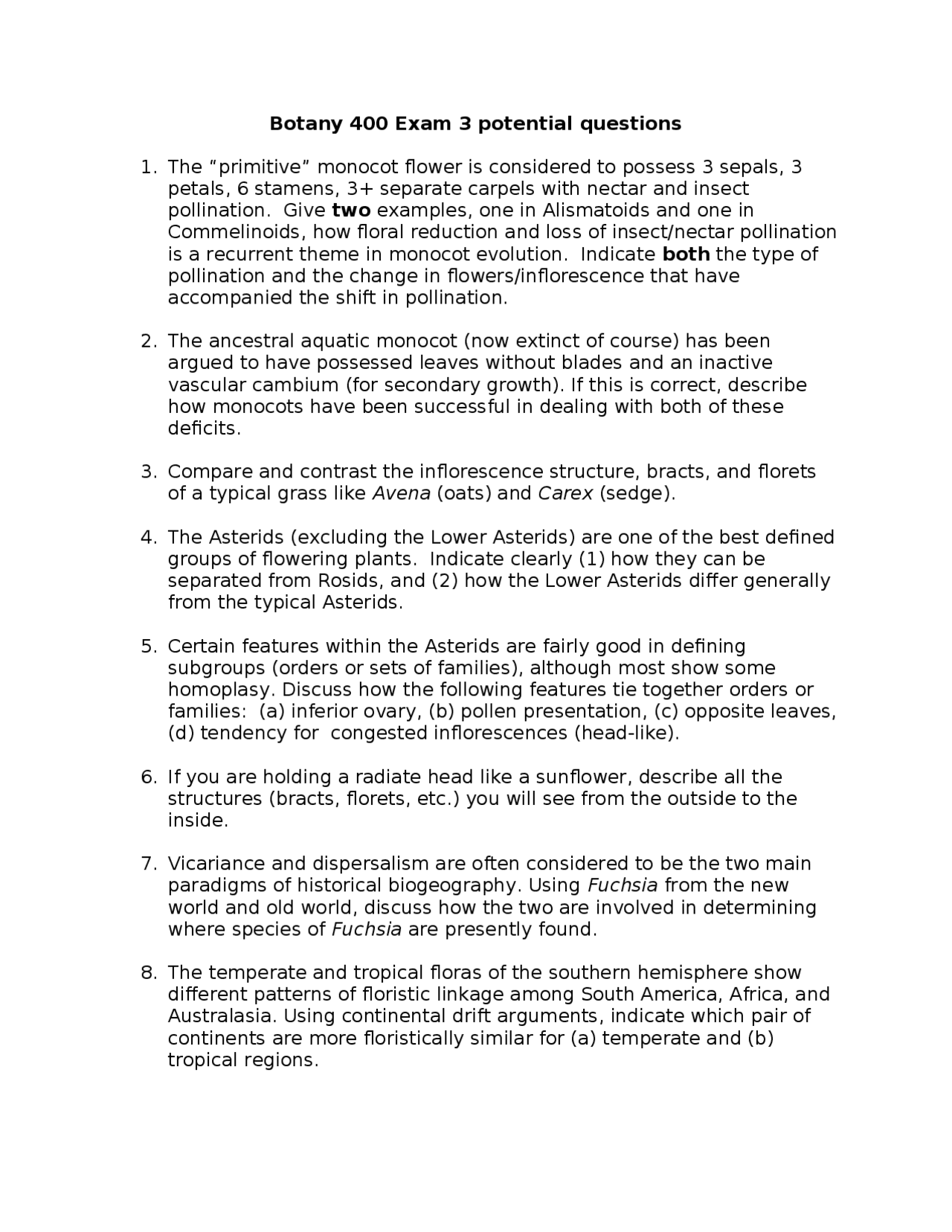 Exam 3 Potential Questions Plant Systematics BOTANY 400 Docsity