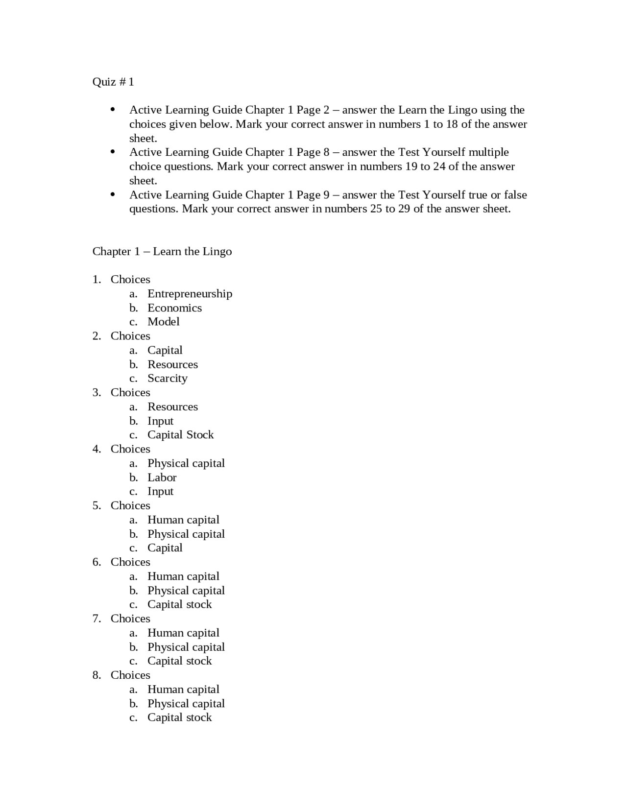 Quiz 1 for Principles of Microeconomics | ECON 101 - Docsity
